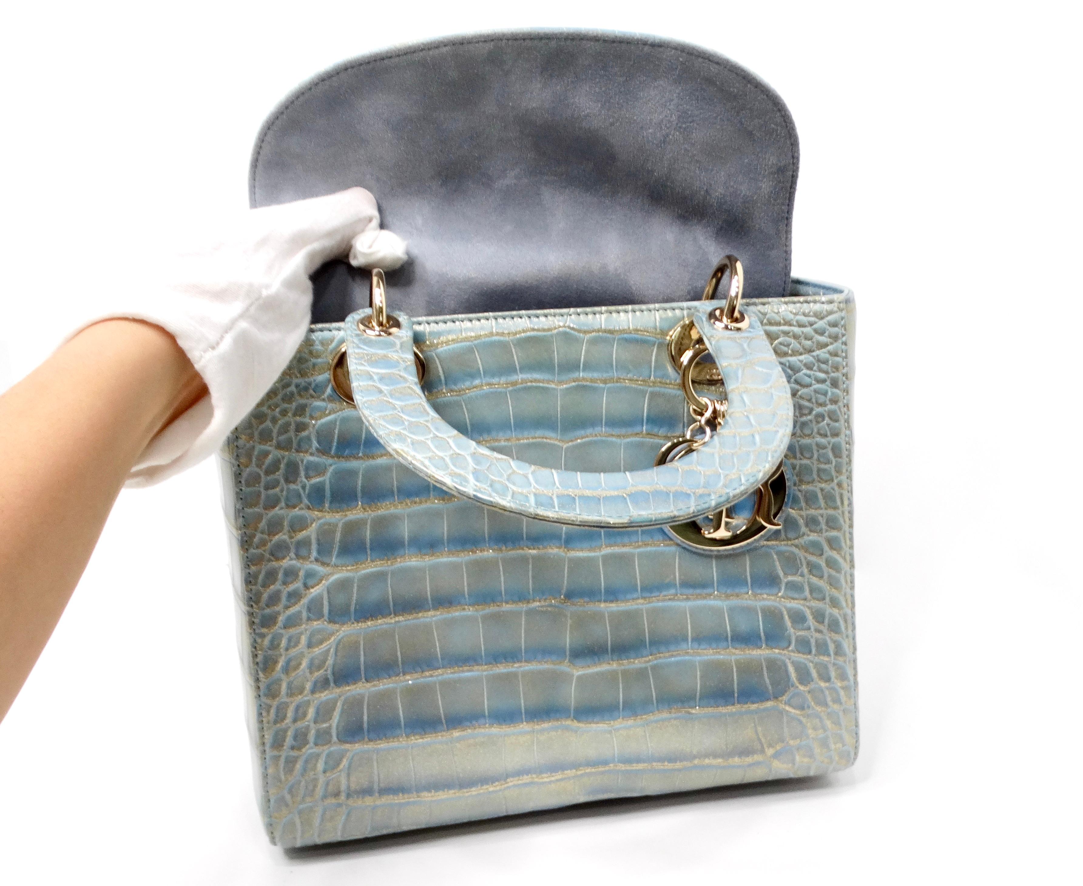Christian Dior Exotic Lady Dior Blue Iridescent Gold Crocodile Leather Handbag For Sale 5