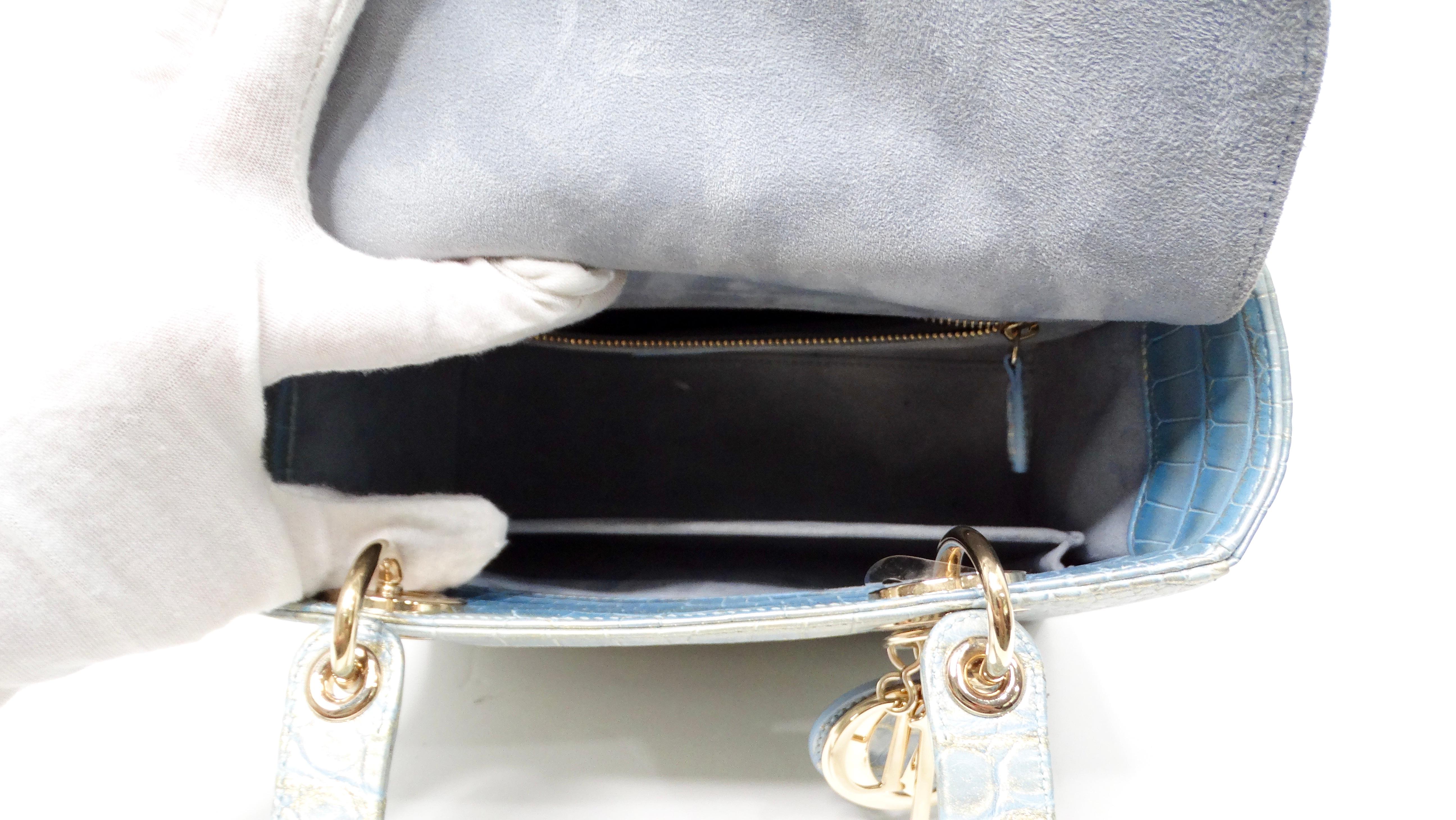 Christian Dior Exotic Lady Dior Blue Iridescent Gold Crocodile Leather Handbag For Sale 6