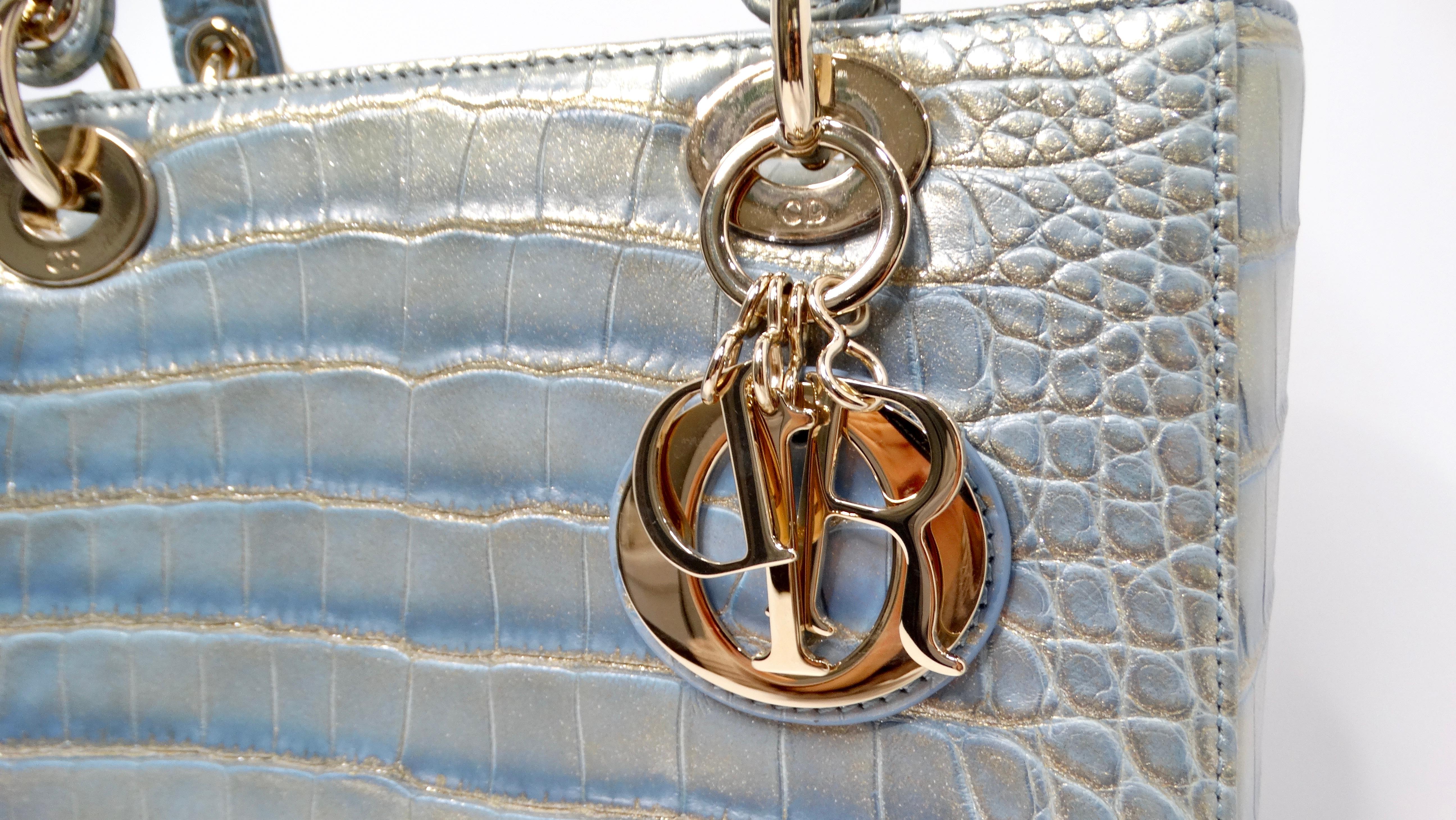 Gray Christian Dior Exotic Lady Dior Blue Iridescent Gold Crocodile Leather Handbag For Sale
