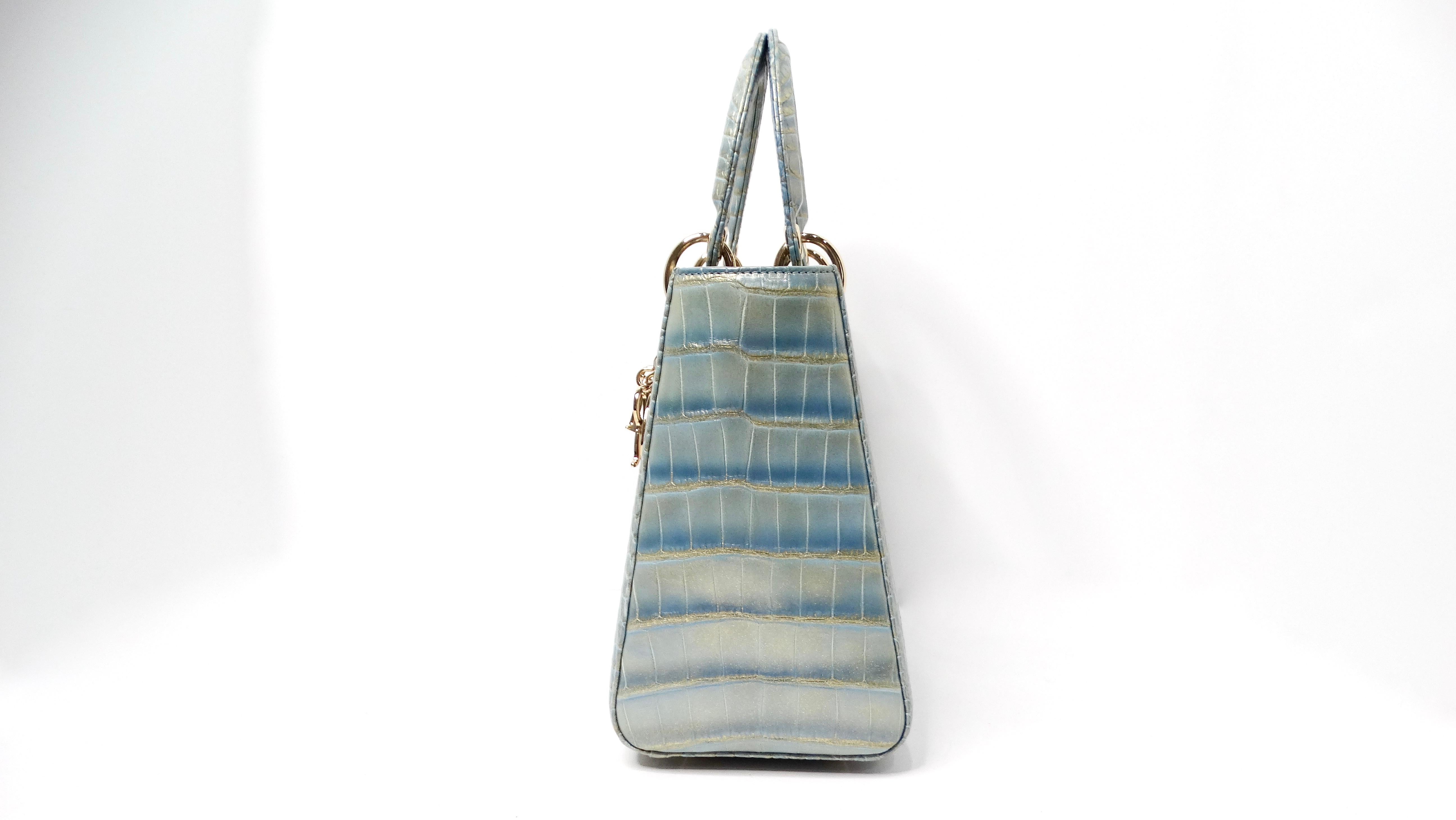 Christian Dior Exotic Lady Dior Blue Iridescent Gold Crocodile Leather Handbag In Good Condition For Sale In Scottsdale, AZ