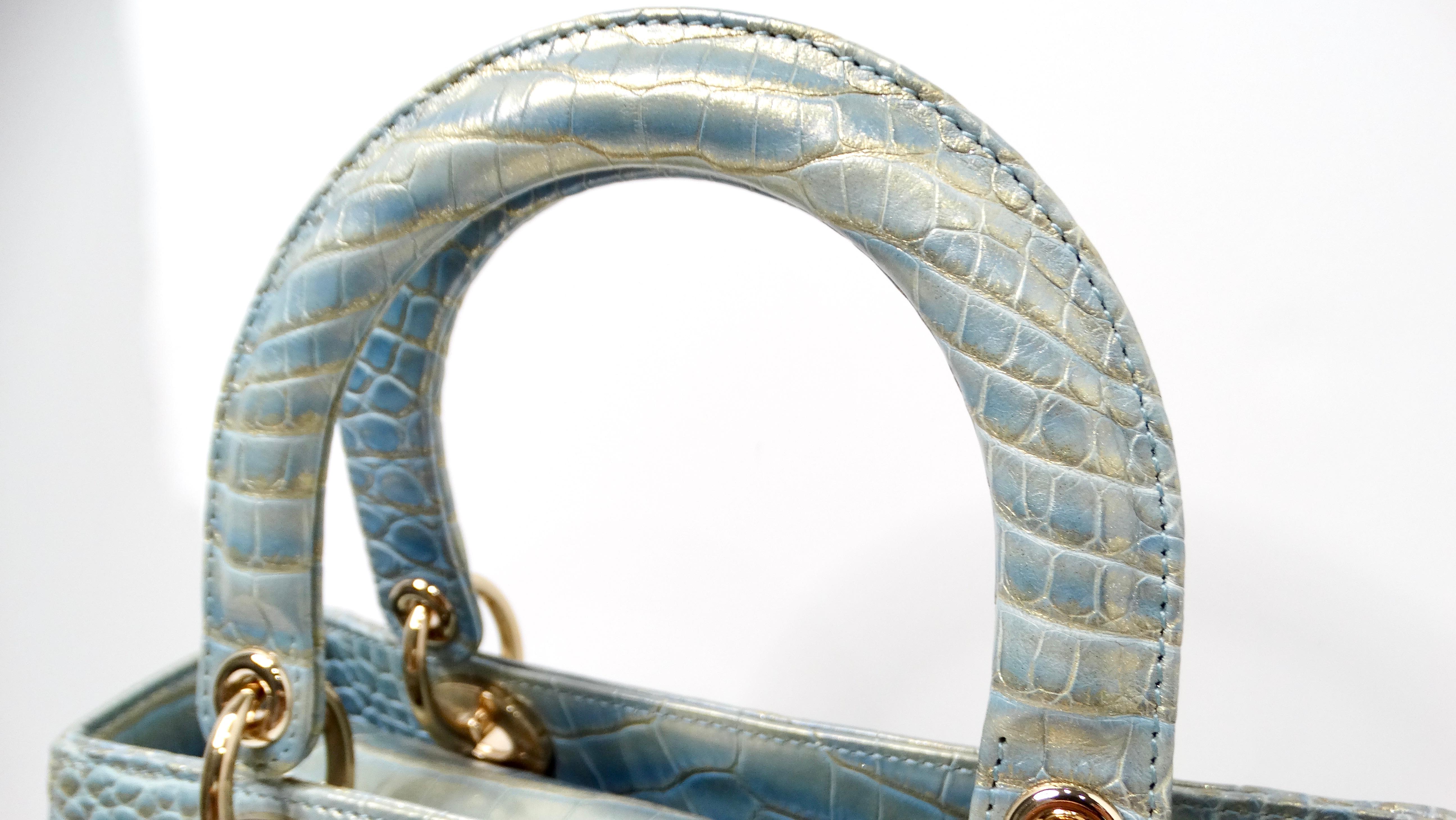 Women's Christian Dior Exotic Lady Dior Blue Iridescent Gold Crocodile Leather Handbag For Sale