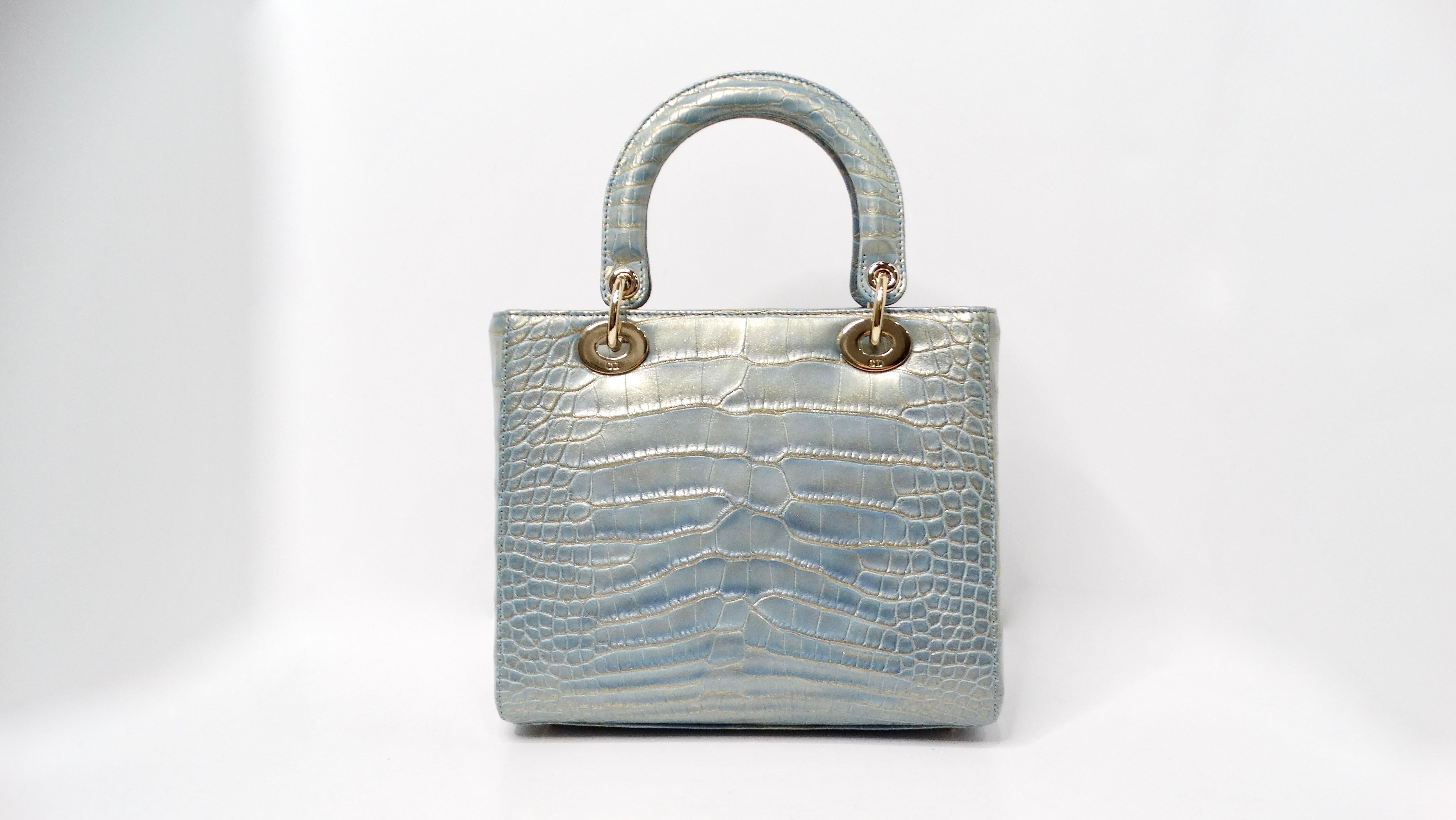 Christian Dior Exotic Lady Dior Blue Iridescent Gold Crocodile Leather Handbag For Sale 4