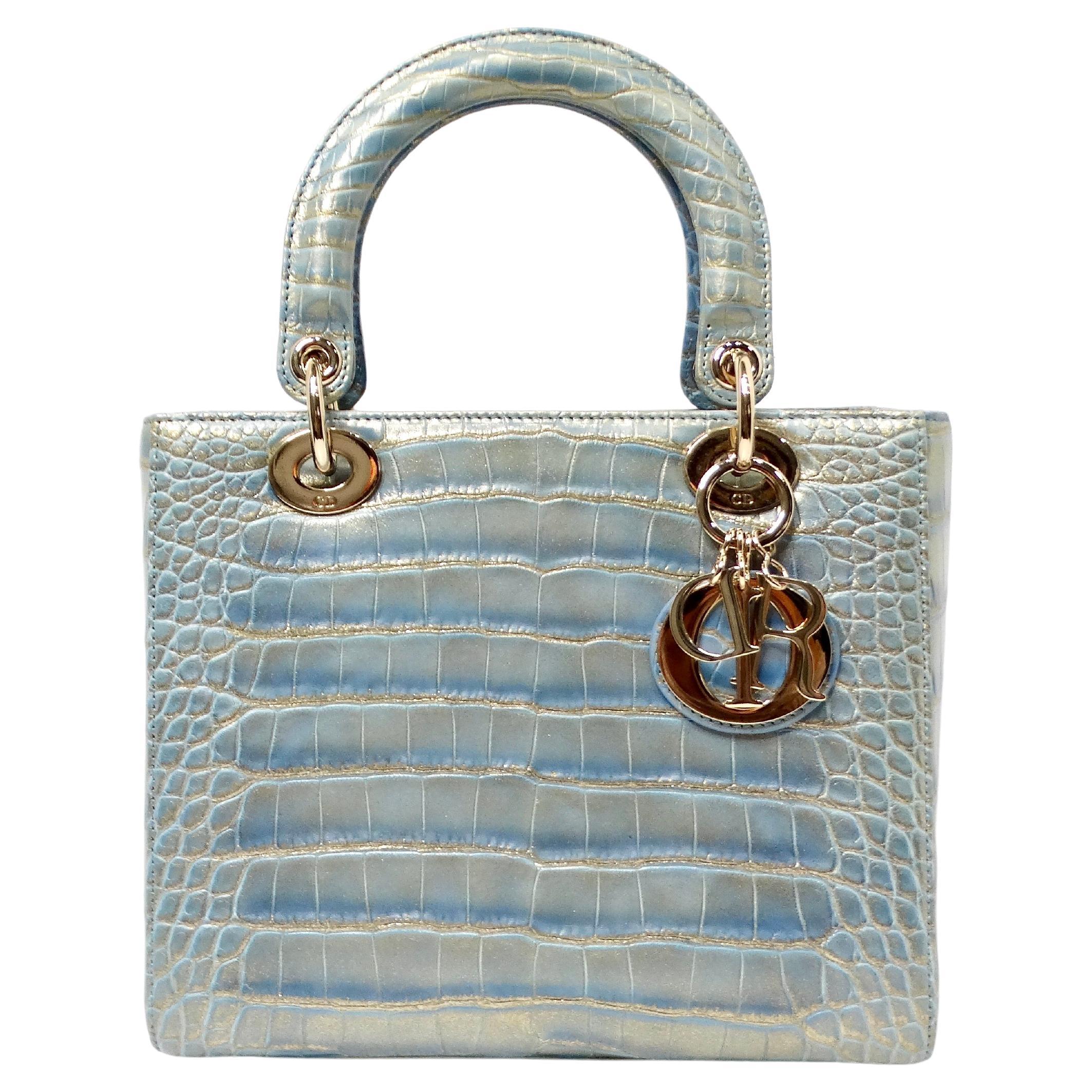 Christian Dior Exotic Lady Dior Blue Iridescent Gold Crocodile Leather Handbag For Sale