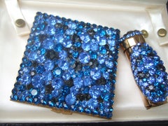 CHRISTIAN DIOR Extremely Rare Blue Crystal Compact & Lipstick Holder c 1960
