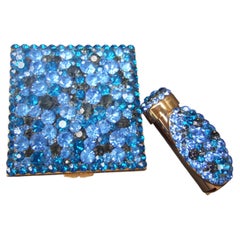 CHRISTIAN DIOR Extremely Rare Blue Crystal Compact & Lipstick Holder c 1960