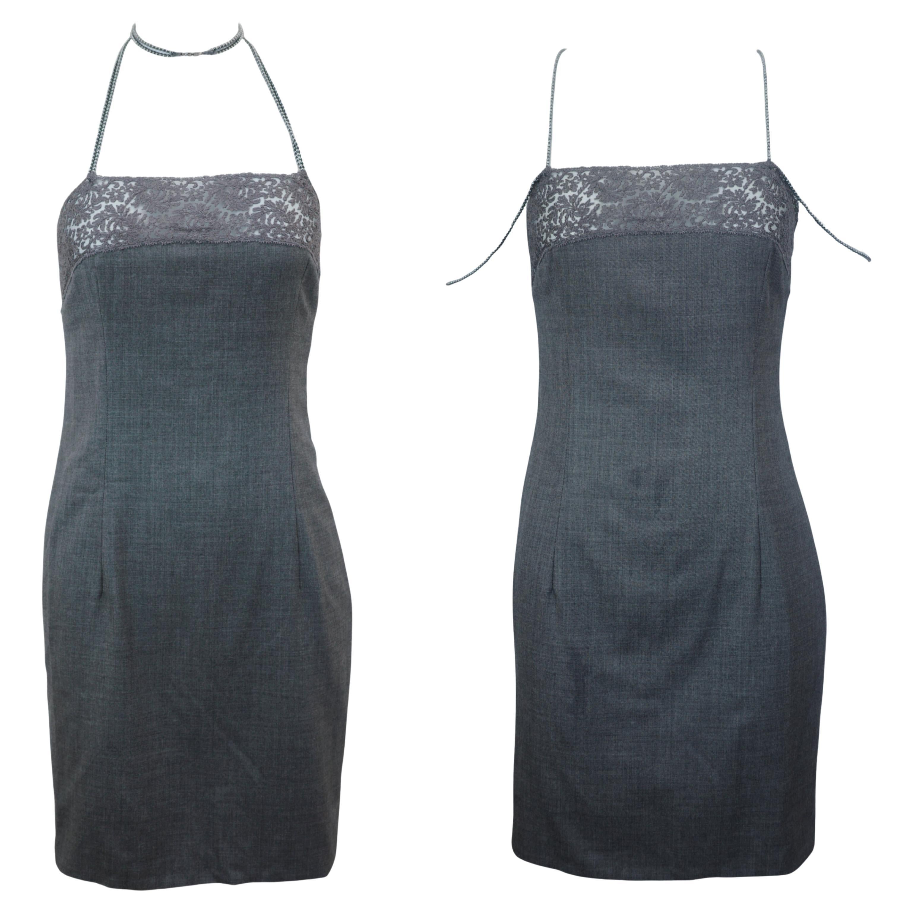 CHRISTIAN DIOR F/W 1997 Anthrazitfarbenes Perlen-Kropfband-Spitzenkleid im Angebot
