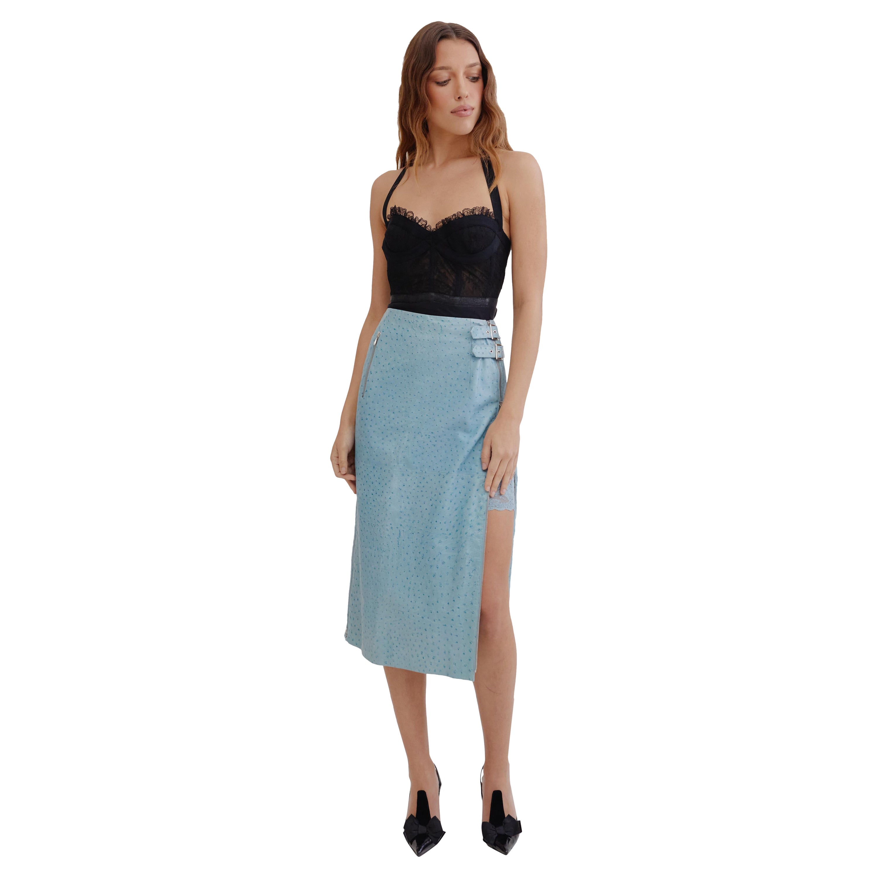 Christian Dior F/W 2000 ostrich leather side zip slit pencil skirt