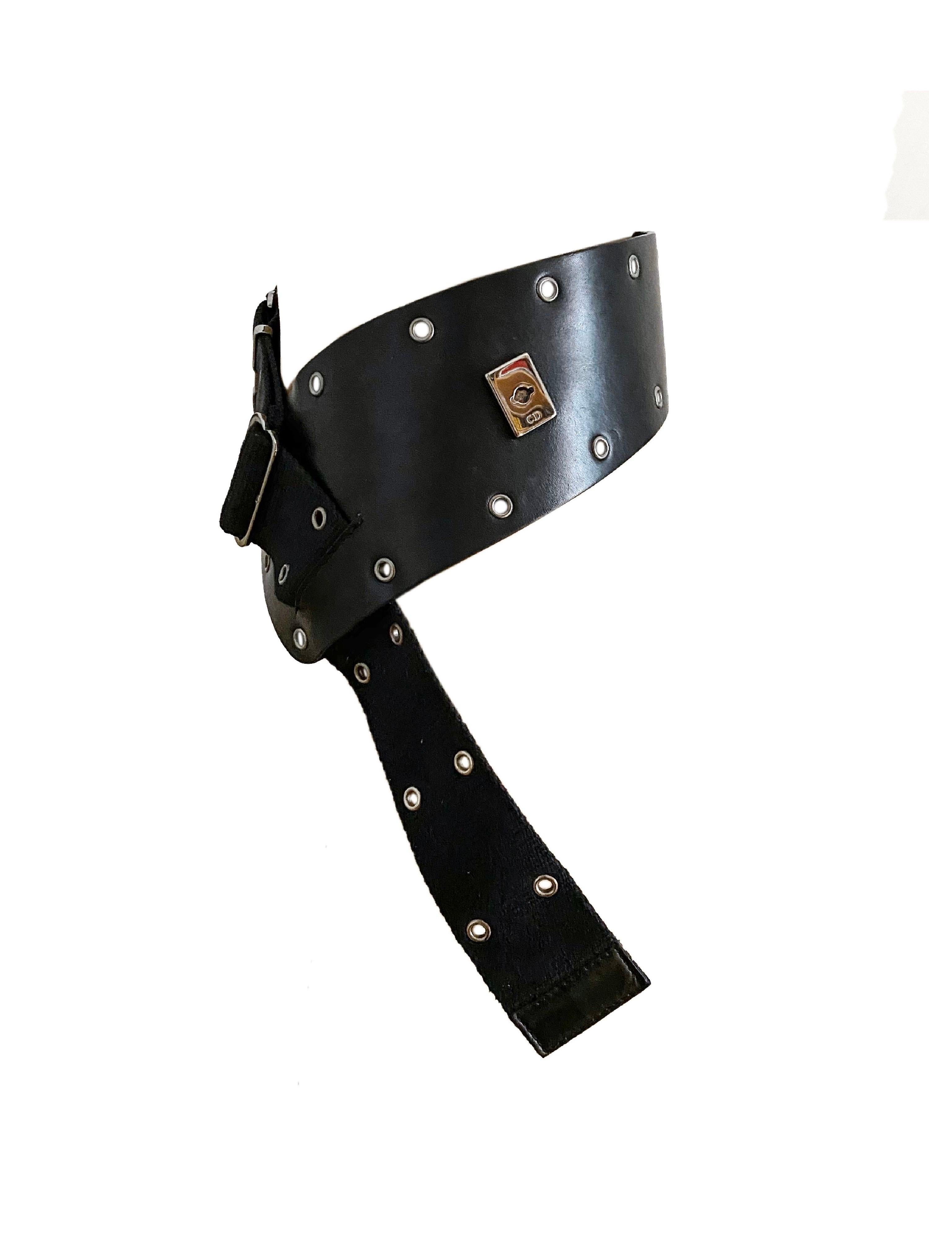 Christian Dior by John Galliano black leather studded chunky belt, with adjustable fabric strap, from the Fall/Winter 2002 
