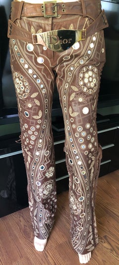 Christian Dior F/W 2002 Runway Leather Mirrorwork Embellished Pants