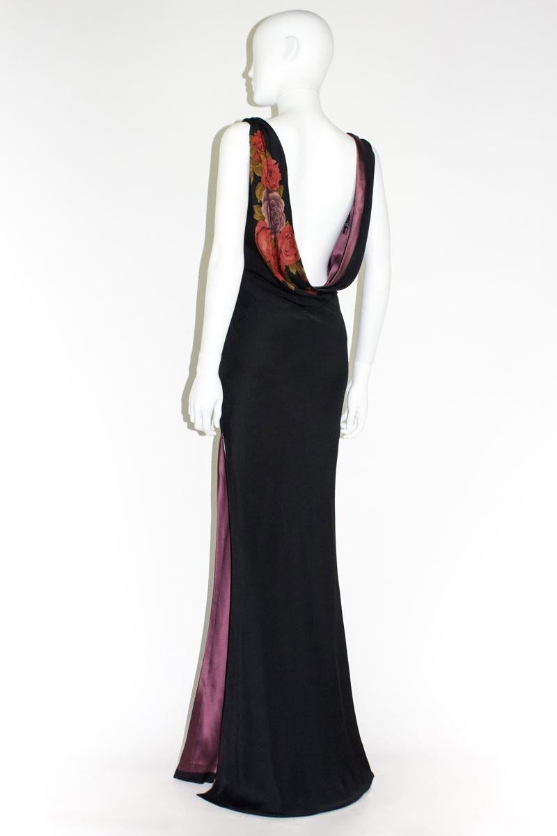 Christian Dior long black dress with a floral printed draped cowl back. Designed by John Galliano for his first ever ready to wear collection as director at Dior, for the Fall/Winter 1997 collection. As seen on Claudia Schiffer, who wore a version