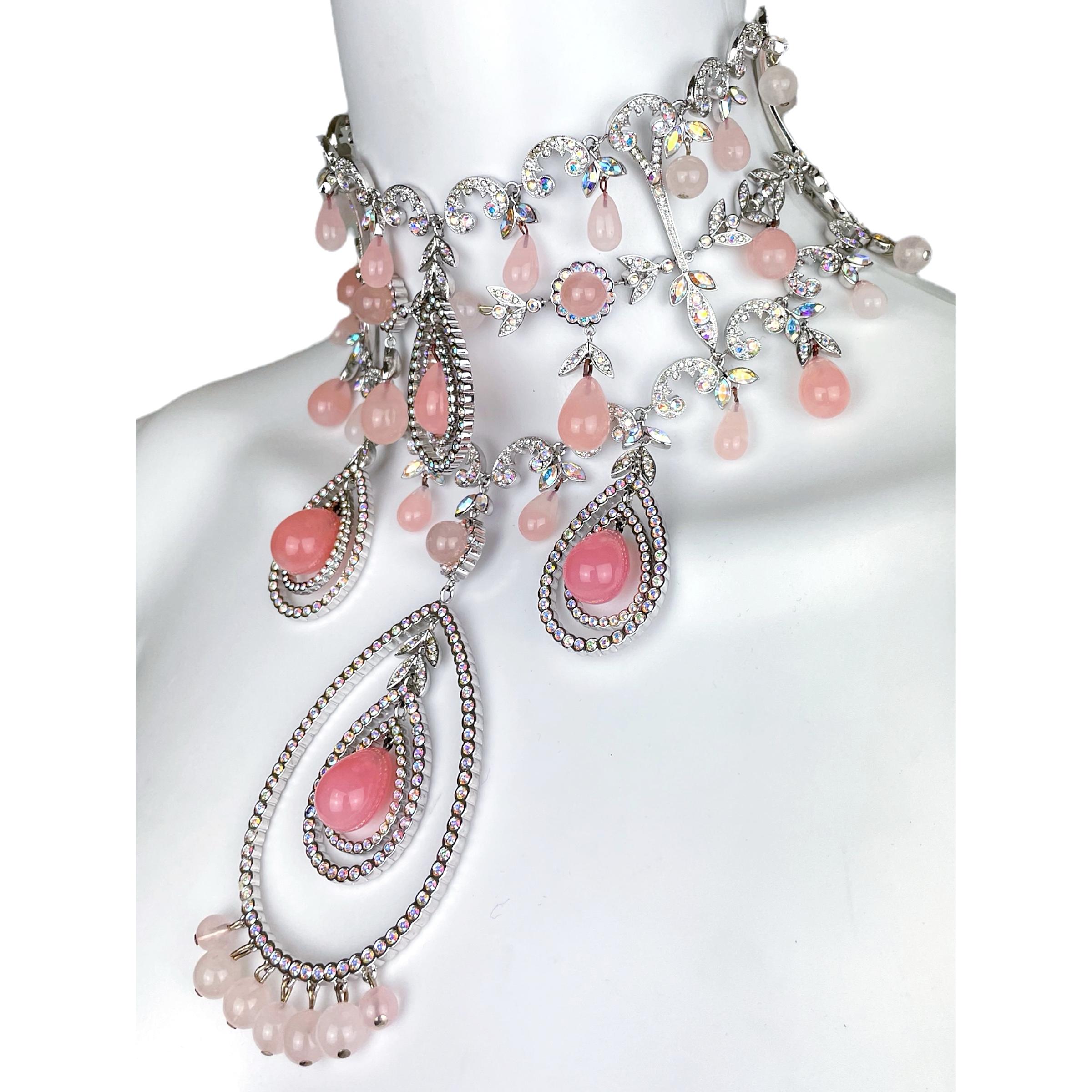 Christian Dior by John Galliano choker from Fall Winter 2003 Haute Couture collection as seen on the runway. The choker comes with matching pendant clip earrings. The earrings are missing two crystals (as shown in pictures).  Choker length is 36cm
