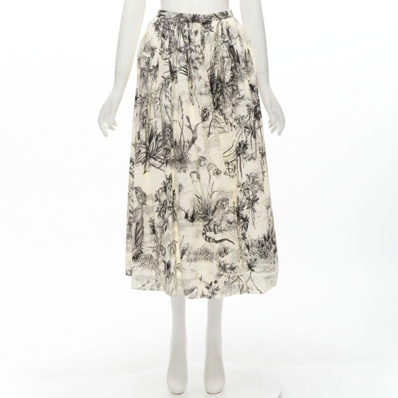 CHRISTIAN DIOR Fantaisie beige illustration print cotton midi skirt FR34 XS For Sale 5