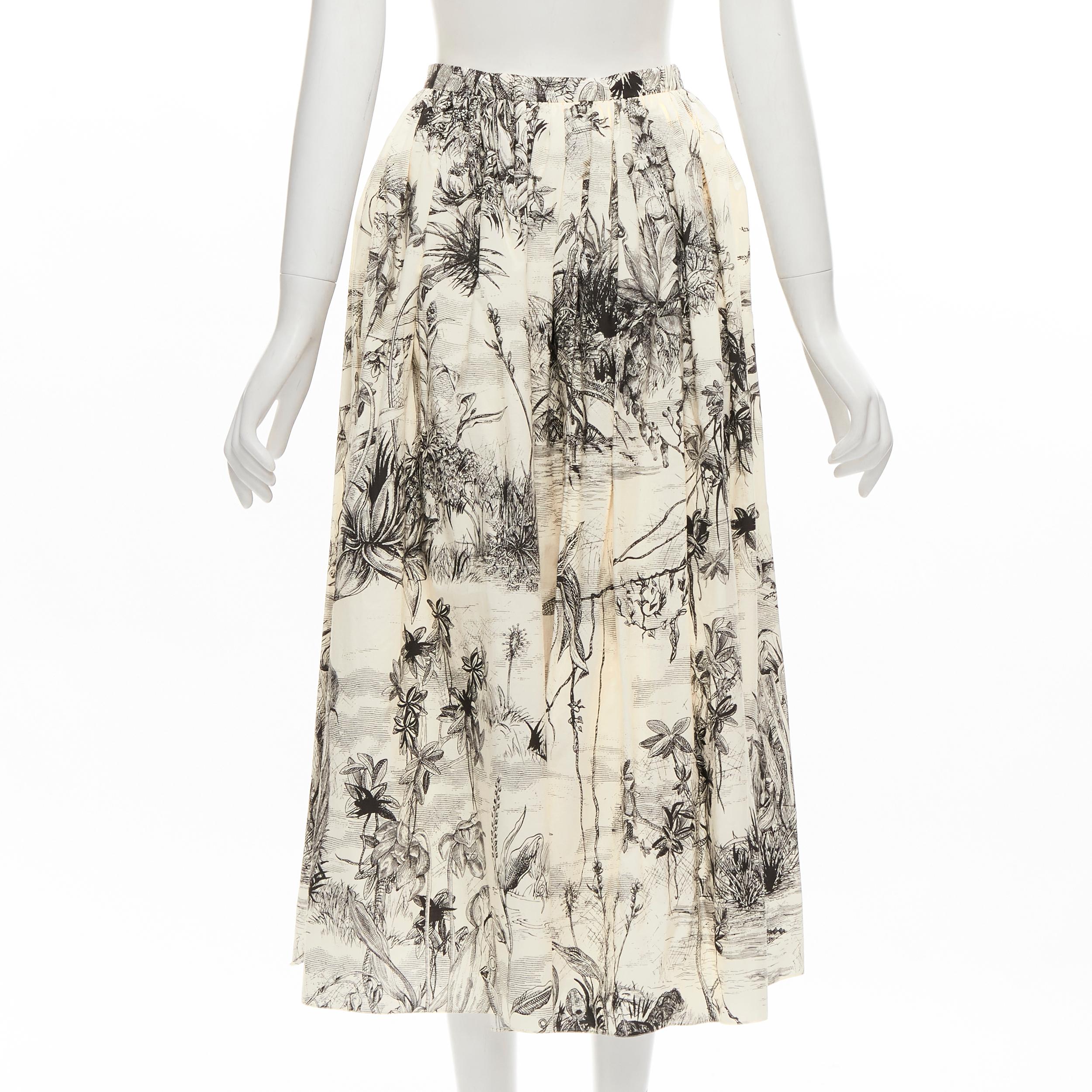 CHRISTIAN DIOR Fantaisie beige illustration print cotton midi skirt FR34 XS In Excellent Condition For Sale In Hong Kong, NT