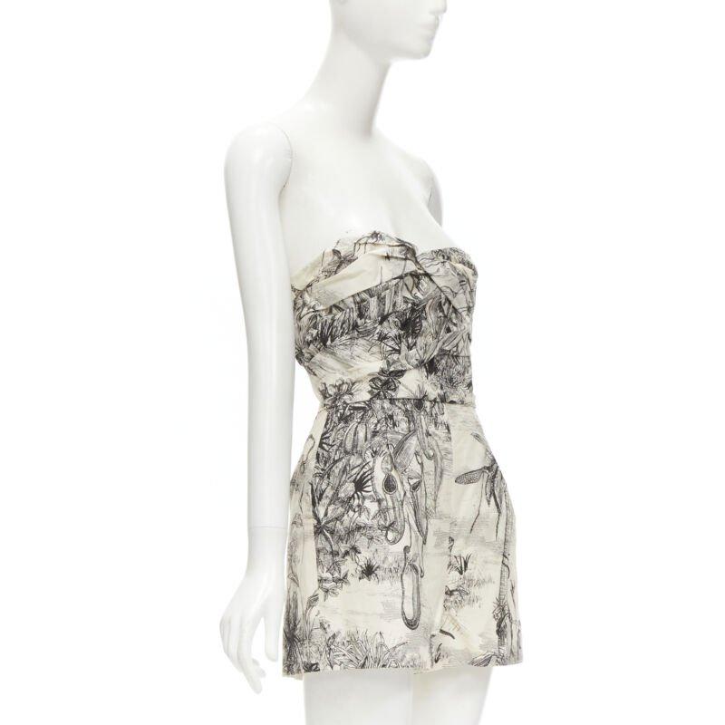Gray CHRISTIAN DIOR Fantaisie Dioriveria beige black print wrap corset romper FR36 XS For Sale
