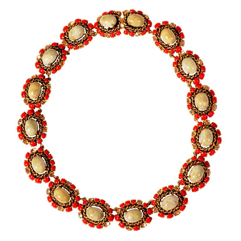 Christian Dior Faux Jade, Coral and Yellow Diamond Necklace Dated 1964