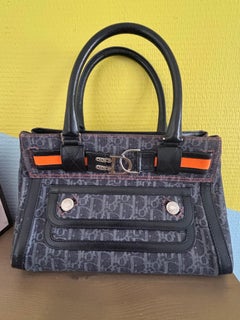 Christian Dior Flight Monogram Handbag in Navy Canvas and Black Leather