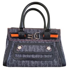 Christian Dior Flight Monogram Handbag in Navy Canvas and Black Leather