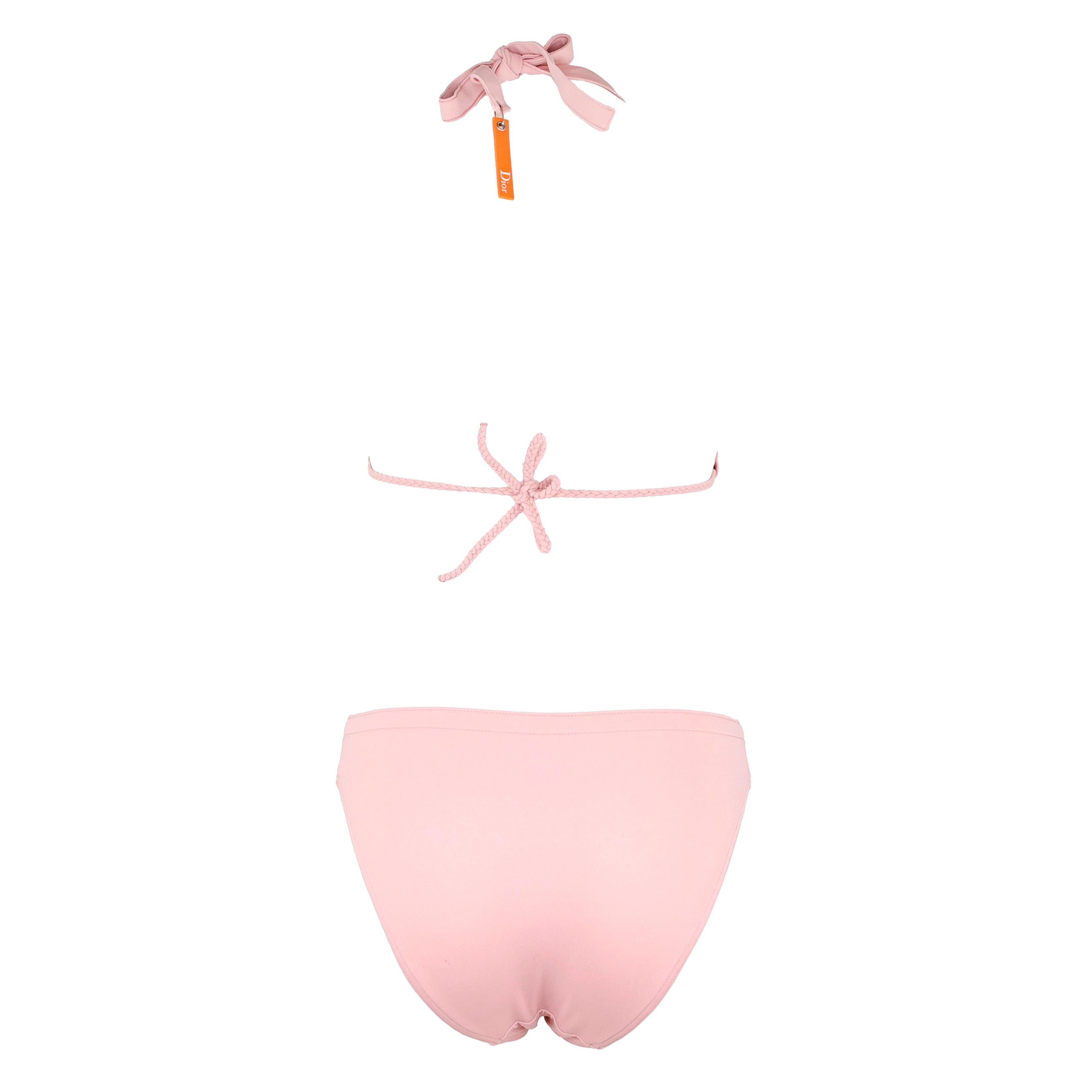 Christian Dior by John Galliano bikini from 2000s Flight collection, color pink with Dior flight tag color orange, silver hardware. Size FR 44 (top),  FR 38 (bottom).

Condition:
Good, please note: some discolouration/spots on bottom, please check