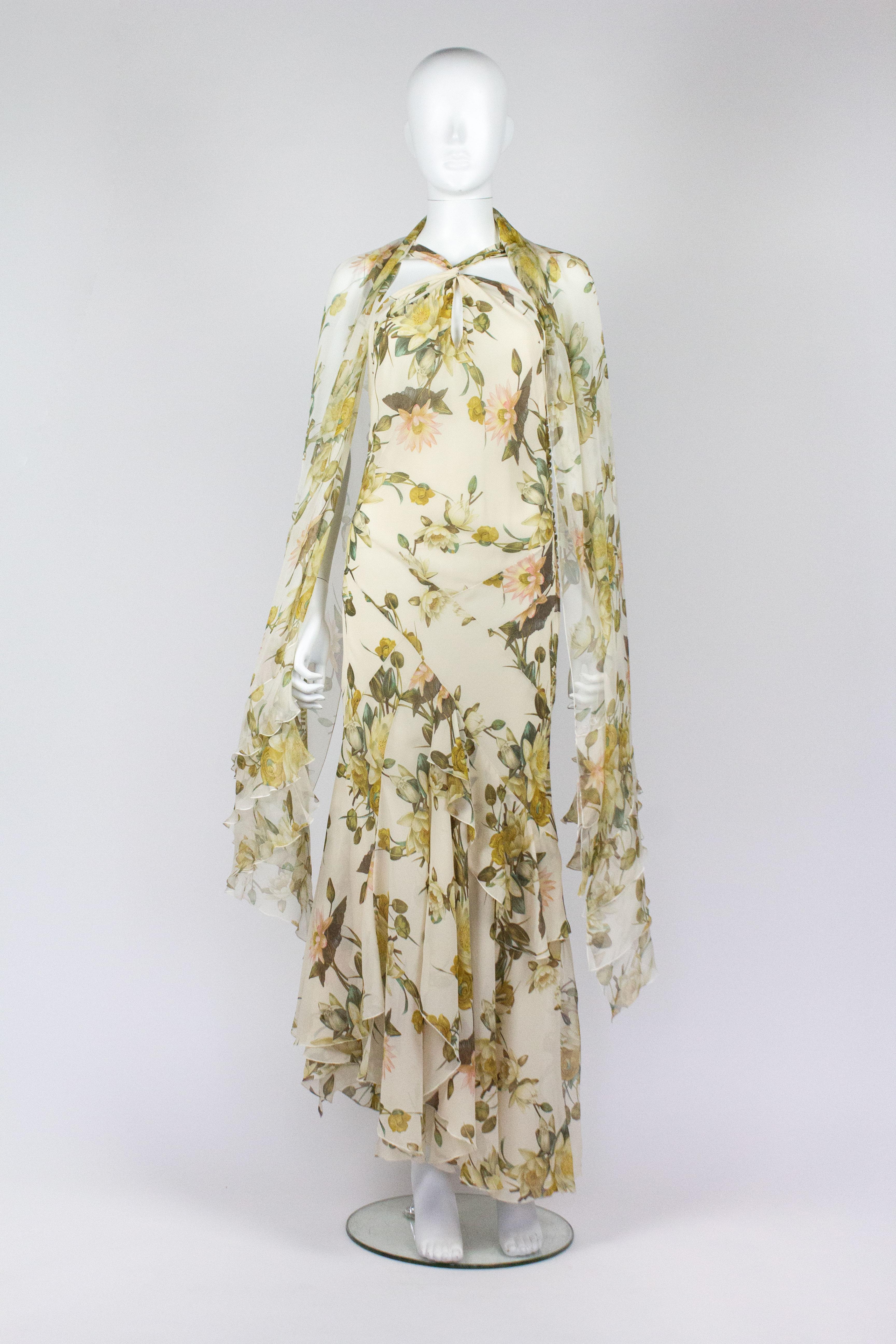 Beige Christian Dior Floral Dress & Shawl