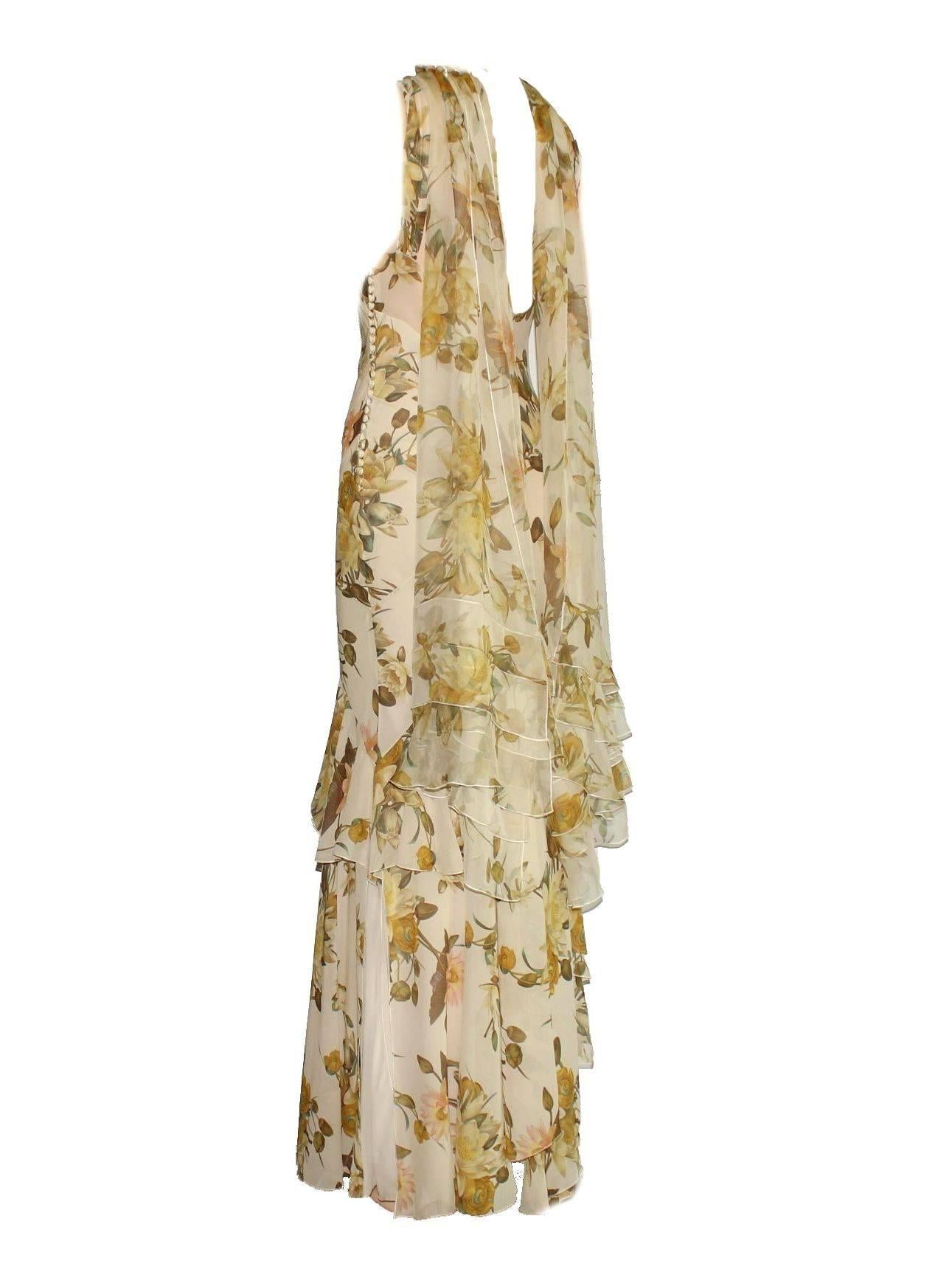 Women's Christian Dior Floral Silk Evening Dress Gown with Matching Silk Stola Shawl 