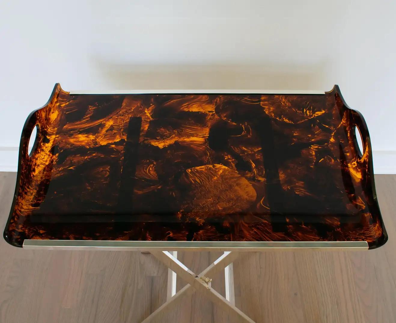 Mid-Century Modern Christian Dior Folding Tray Table Tortoiseshell Lucite and Silver Plate, 1960s