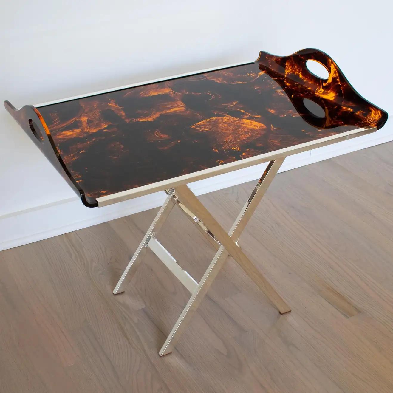 French Christian Dior Folding Tray Table Tortoiseshell Lucite and Silver Plate, 1960s