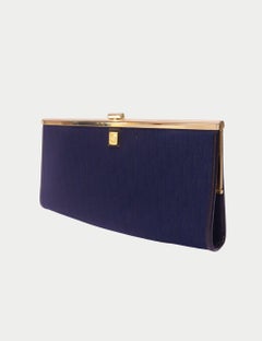 Vintage Christian Dior Navy Logo Jacquard Clutch with Gold Frame