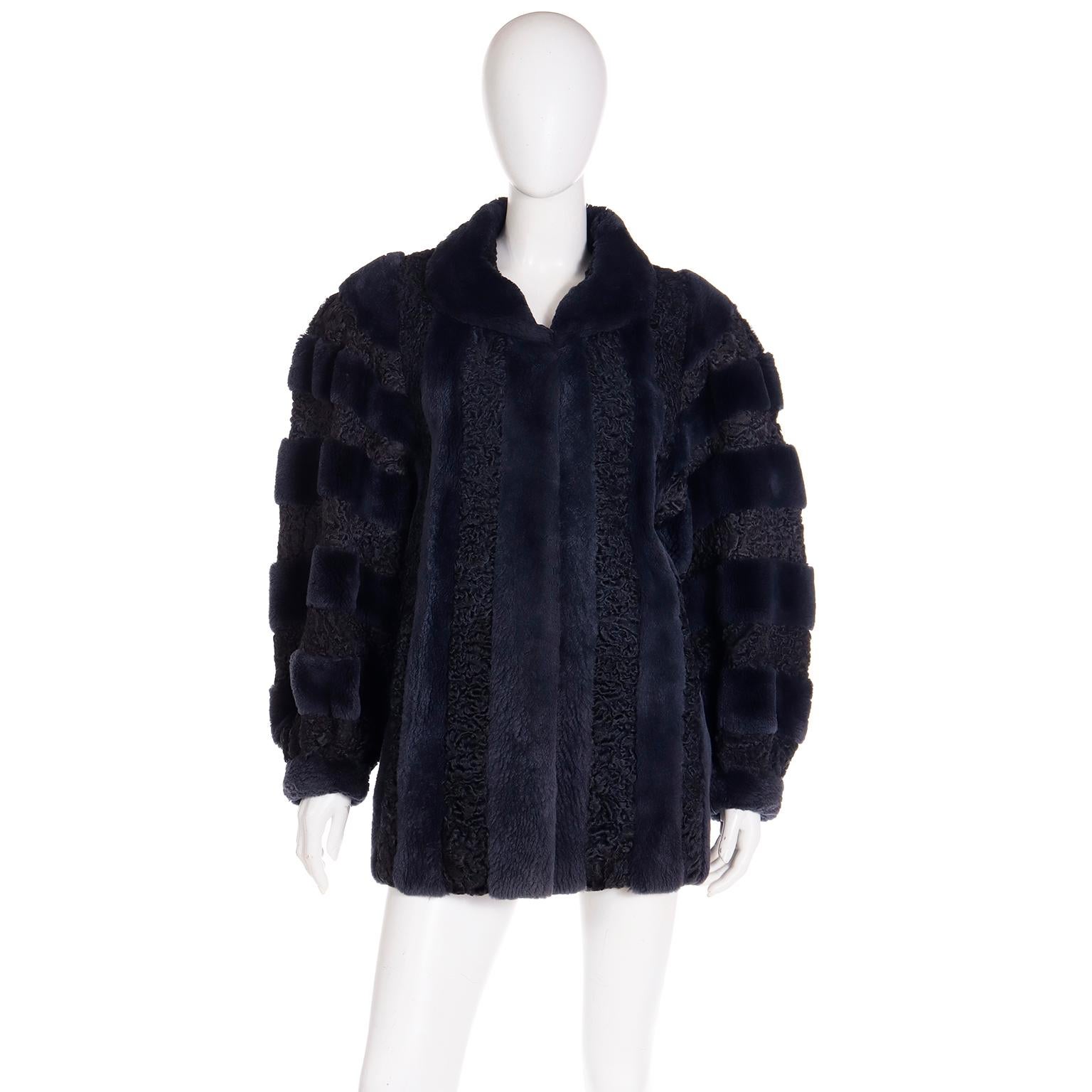 Christian Dior Fourrure 1980s Vintage Blue Dyed Sheared Fur & Lambswool Jacket In Excellent Condition For Sale In Portland, OR