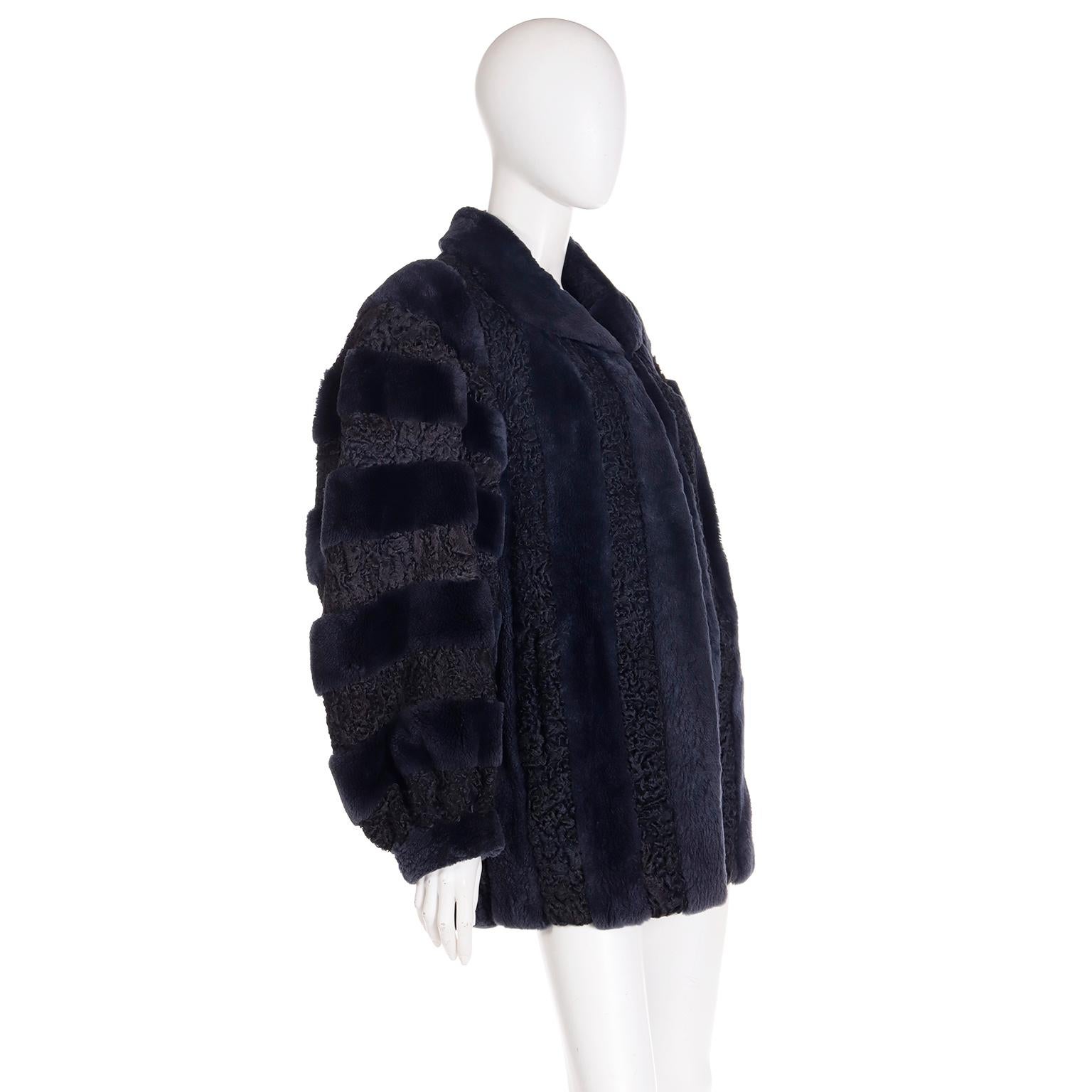 Women's Christian Dior Fourrure 1980s Vintage Blue Dyed Sheared Fur & Lambswool Jacket For Sale