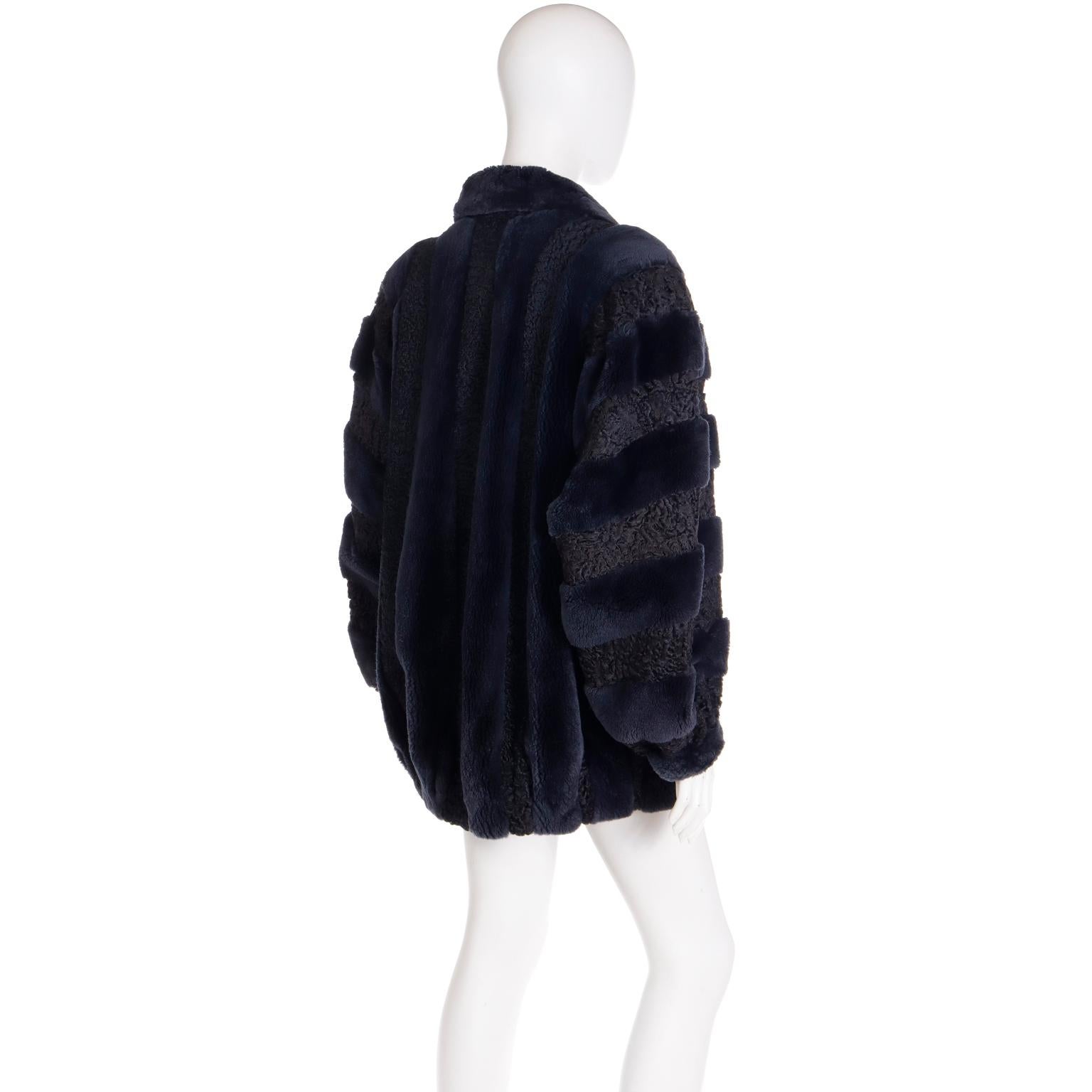 Christian Dior Fourrure 1980s Vintage Blue Dyed Sheared Fur & Lambswool Jacket For Sale 1