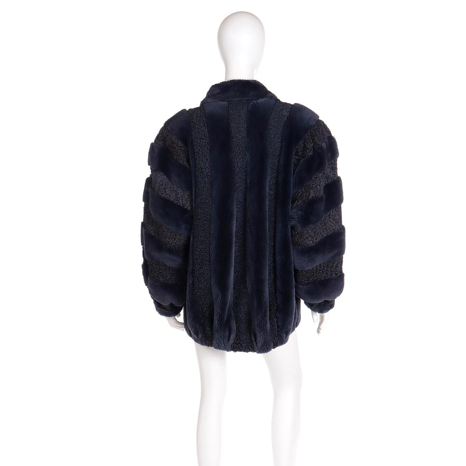 Christian Dior Fourrure 1980s Vintage Blue Dyed Sheared Fur & Lambswool Jacket For Sale 2