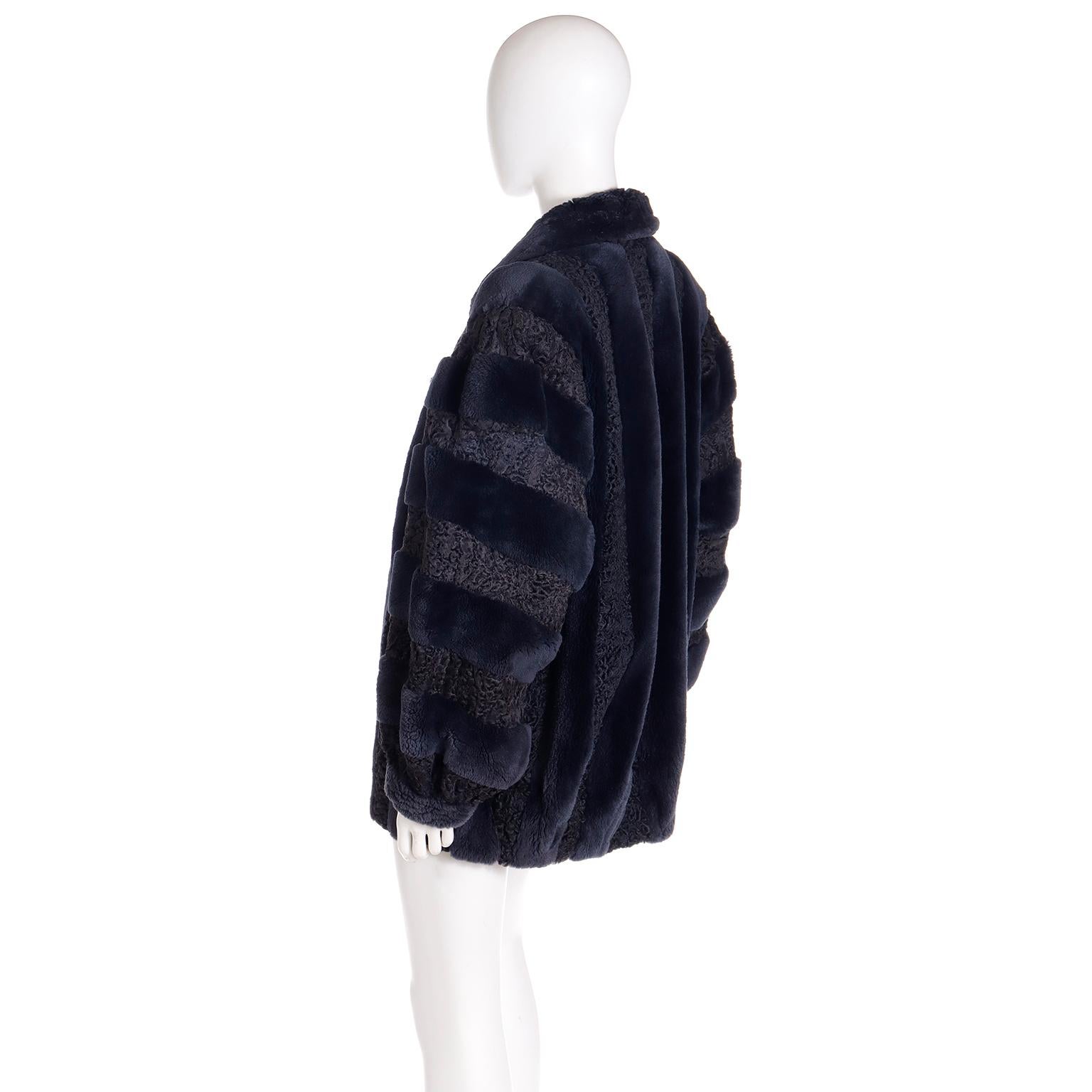 Christian Dior Fourrure 1980s Vintage Blue Dyed Sheared Fur & Lambswool Jacket For Sale 3