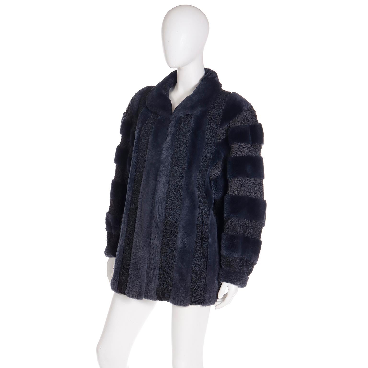 Christian Dior Fourrure 1980s Vintage Blue Dyed Sheared Fur & Lambswool Jacket For Sale 4