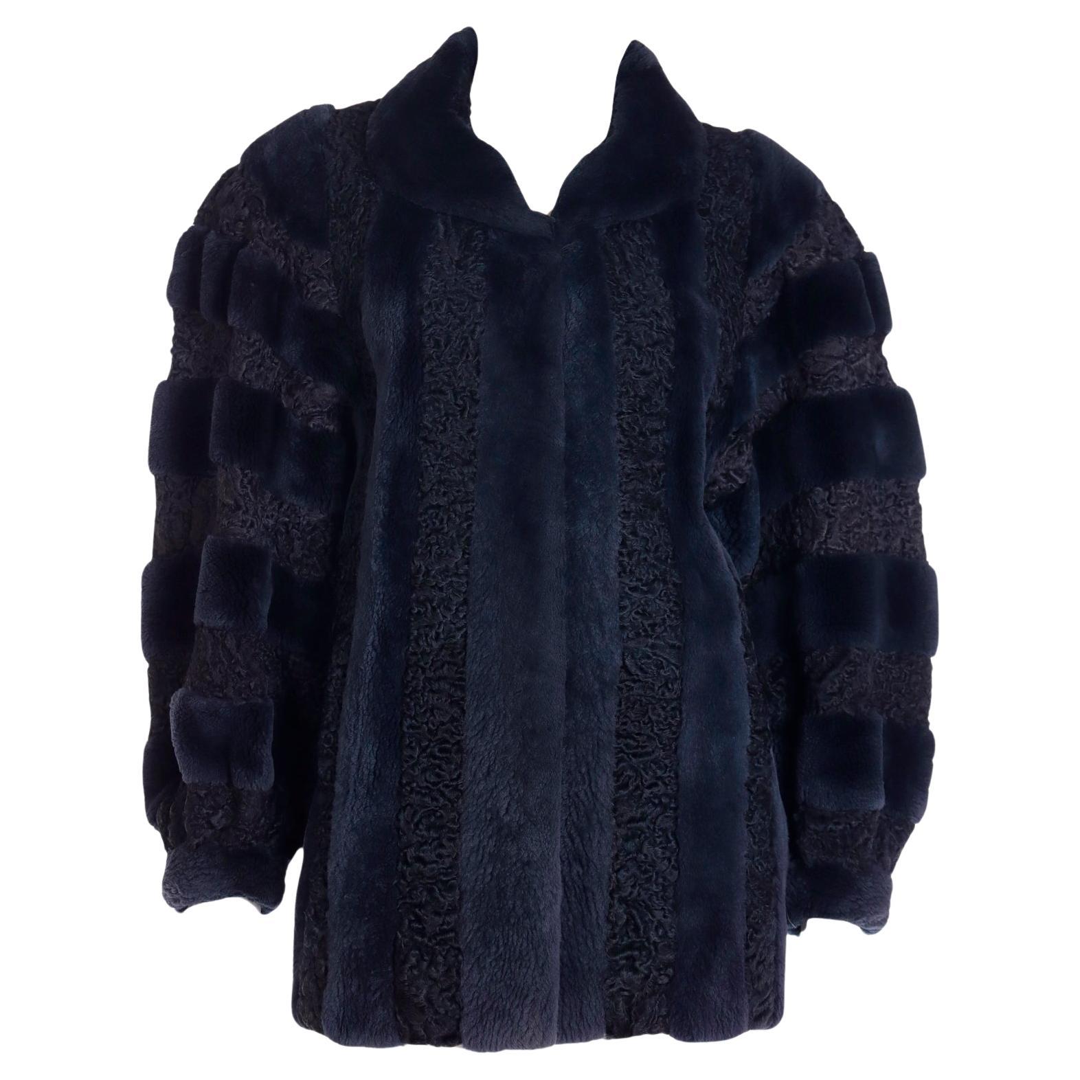 Christian Dior Fourrure 1980s Vintage Blue Dyed Sheared Fur & Lambswool Jacket For Sale