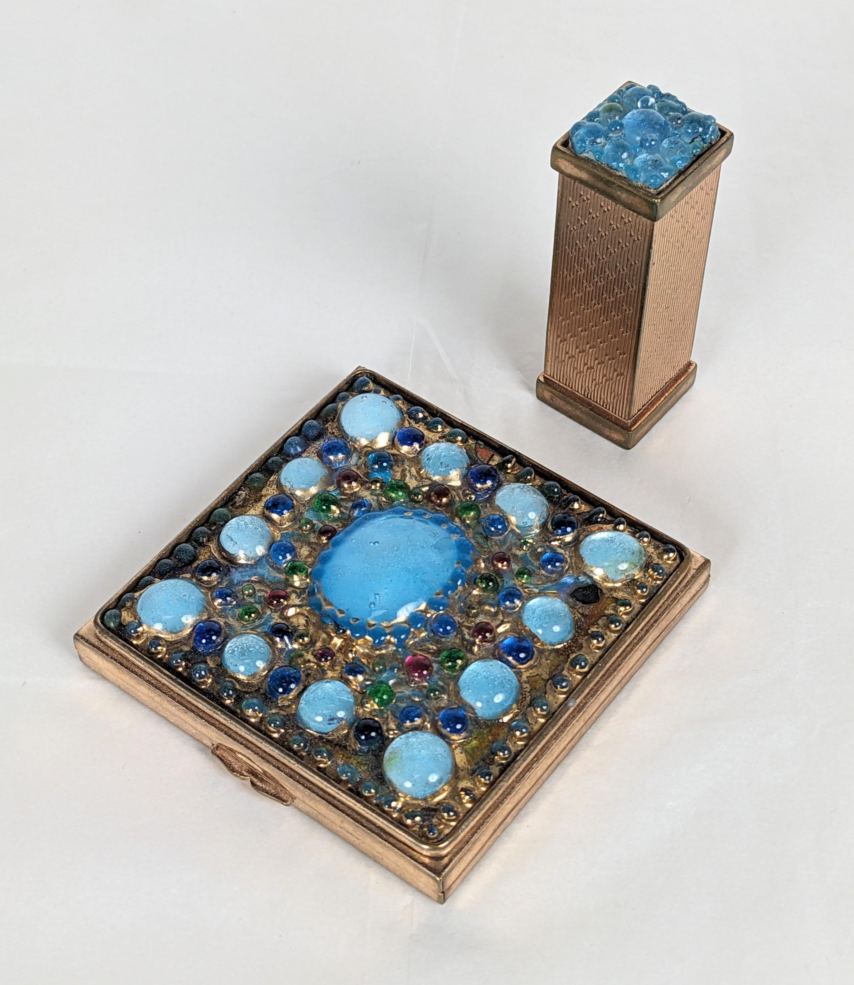 Striking Christian Dior French Glass Enamel Compact and Lipstick from the 1960's likely by Camille Faure of Limoges, France. The house of Dior has collaborated with French artisans from its inception and continues to this day. 2.5