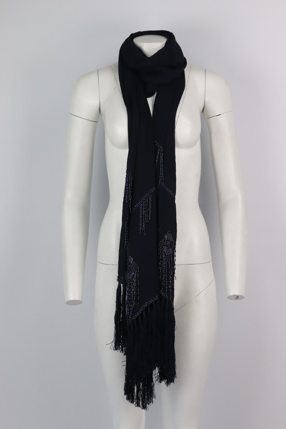 Christian Dior fringed silk chiffon scarf. Navy. 100% Silk. Does not come with dustbag or box. Length: 95 in. Width: 20 in. Very good condition - Light signs of wear; see pictures.