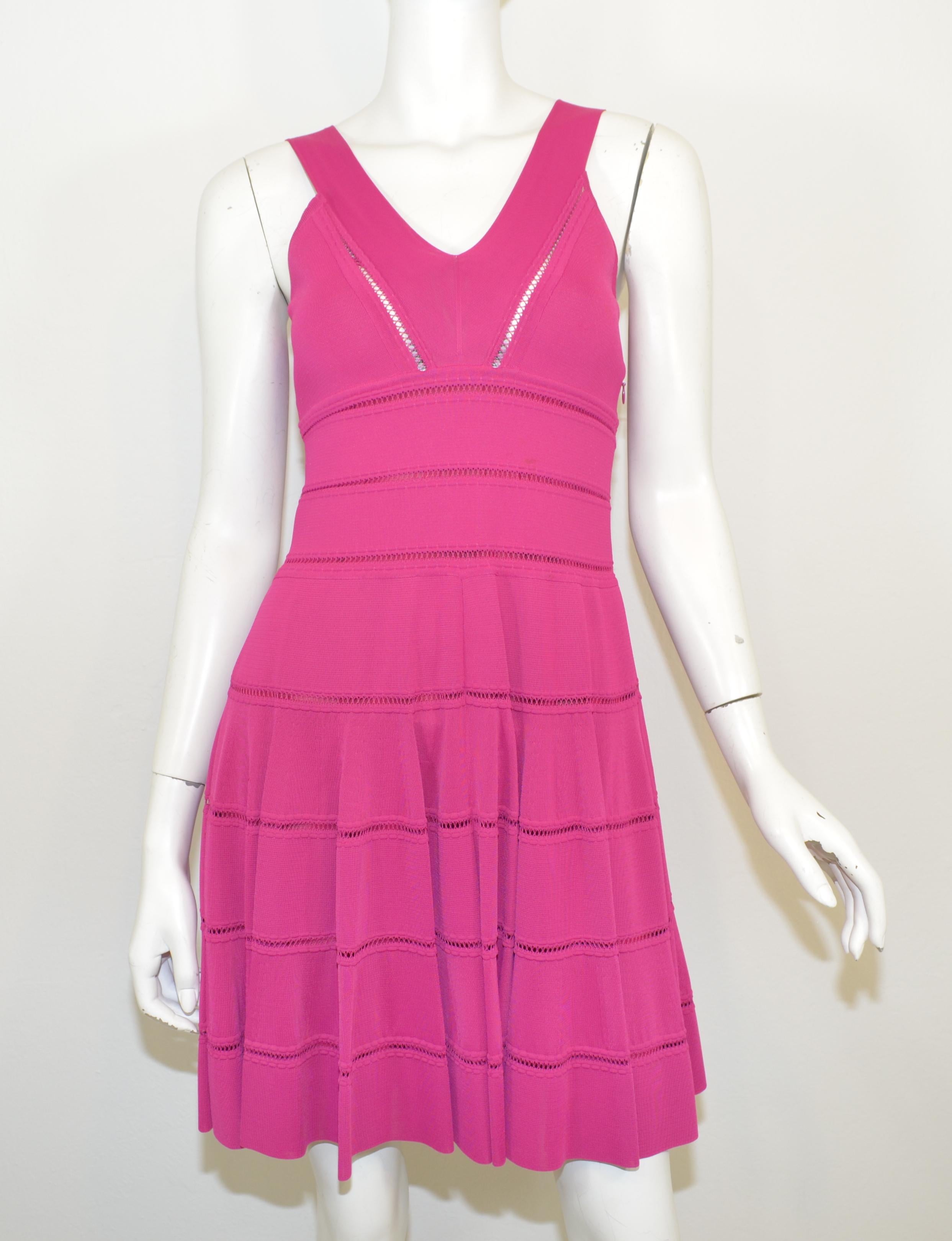 Christian Dior dress is made with 94% viscose, 5% polyamide, and 1% elastane; Double lining is made with 90% viscose and 10% lycra. Made in Italy, size 8. Dress has a concealed zipper fastening along the side of the bodice. Stretch fabric with