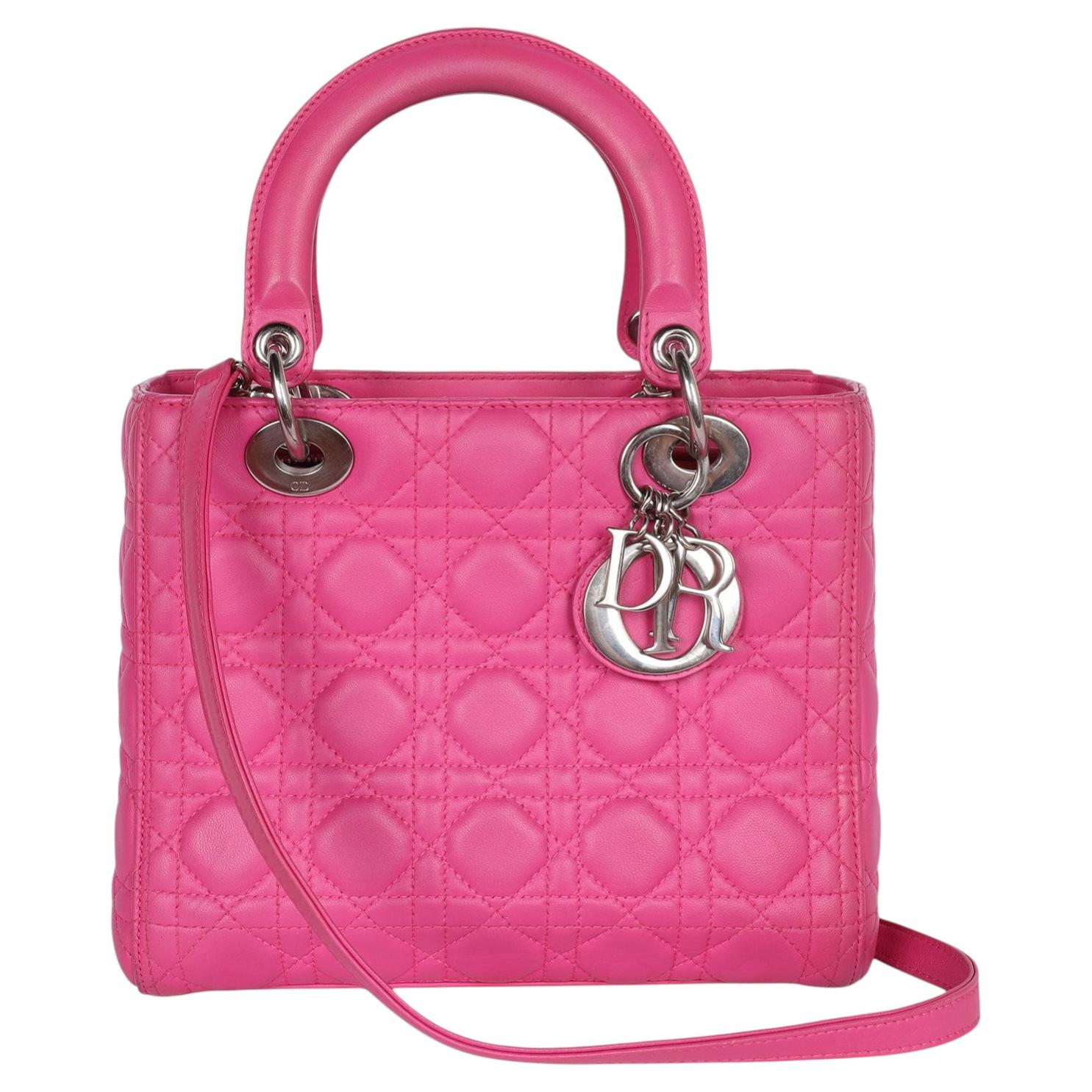 Christian Dior Fuchsia Rosa Lammfell Cannage Lady D Handtasche
