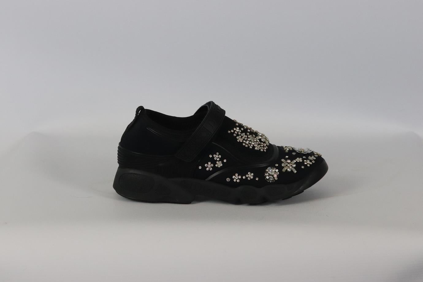 Christian Dior Fusion crystal embellished neoprene sneakers. Black. Fastening at front. Does not come with dustbag or box. Size: EU 38.5 (UK 5.5, US 8.5). Insole: 9 in. Heel height: 1.5 in. Very good condition - Some crystals missing. Some signs of