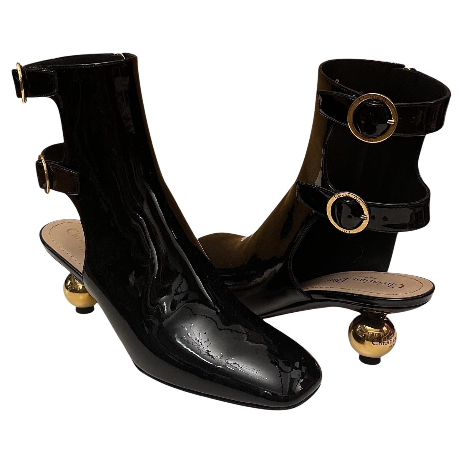 Christian Dior FW 24 D-Idole Black Patent Ankle Strap Boots For Sale