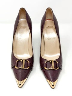 Christian Dior Galliano 2000's Ostrich Pumps Gold CD Cap Toe Heels EU 36.5