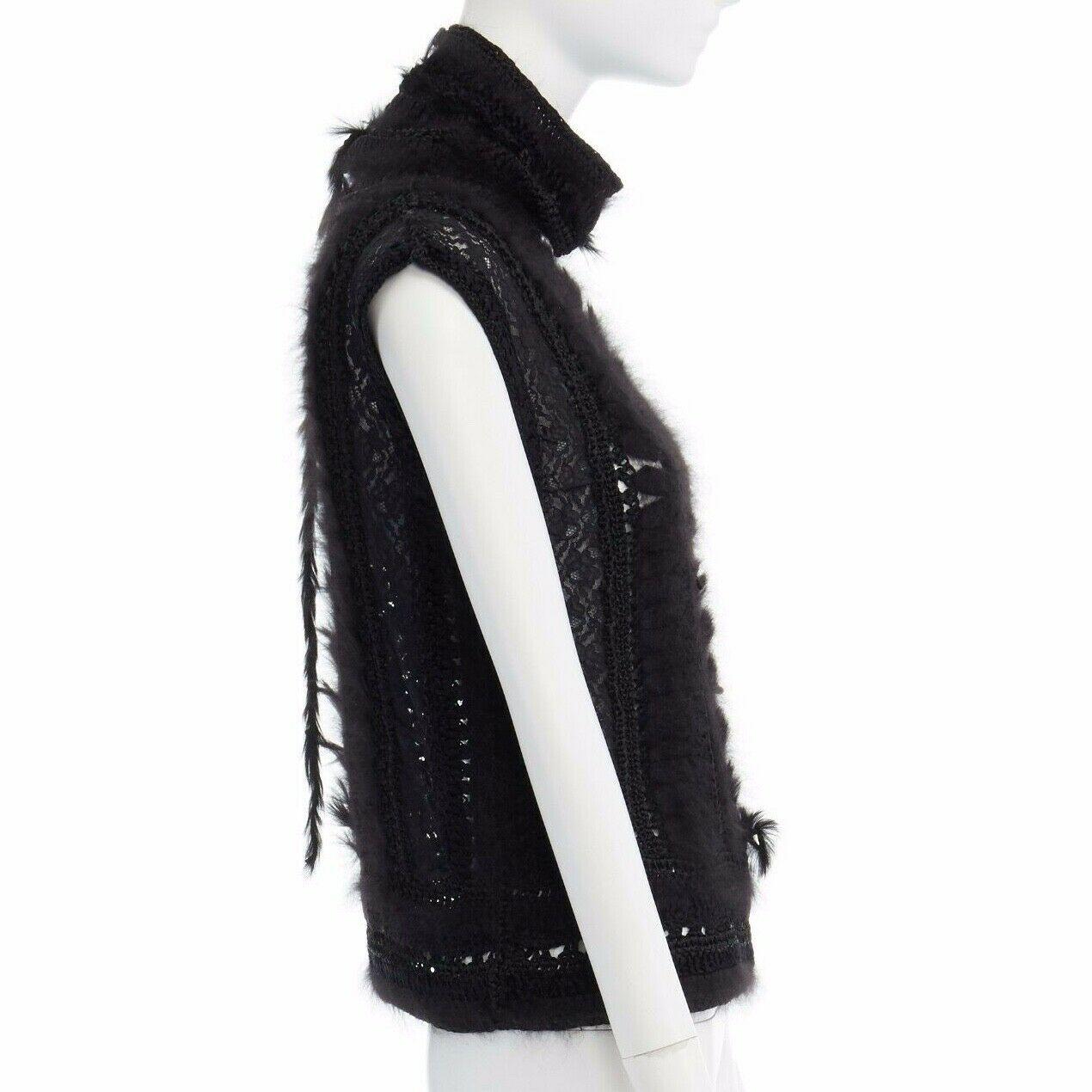 Black CHRISTIAN DIOR GALLIANO black wool sheer lace fur trimmed crochet knit swaeter L