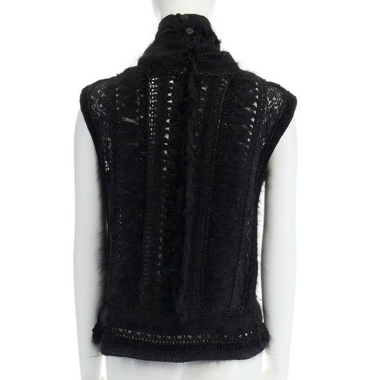 CHRISTIAN DIOR GALLIANO black wool sheer lace fur trimmed crochet knit swaeter L In Excellent Condition In Hong Kong, NT