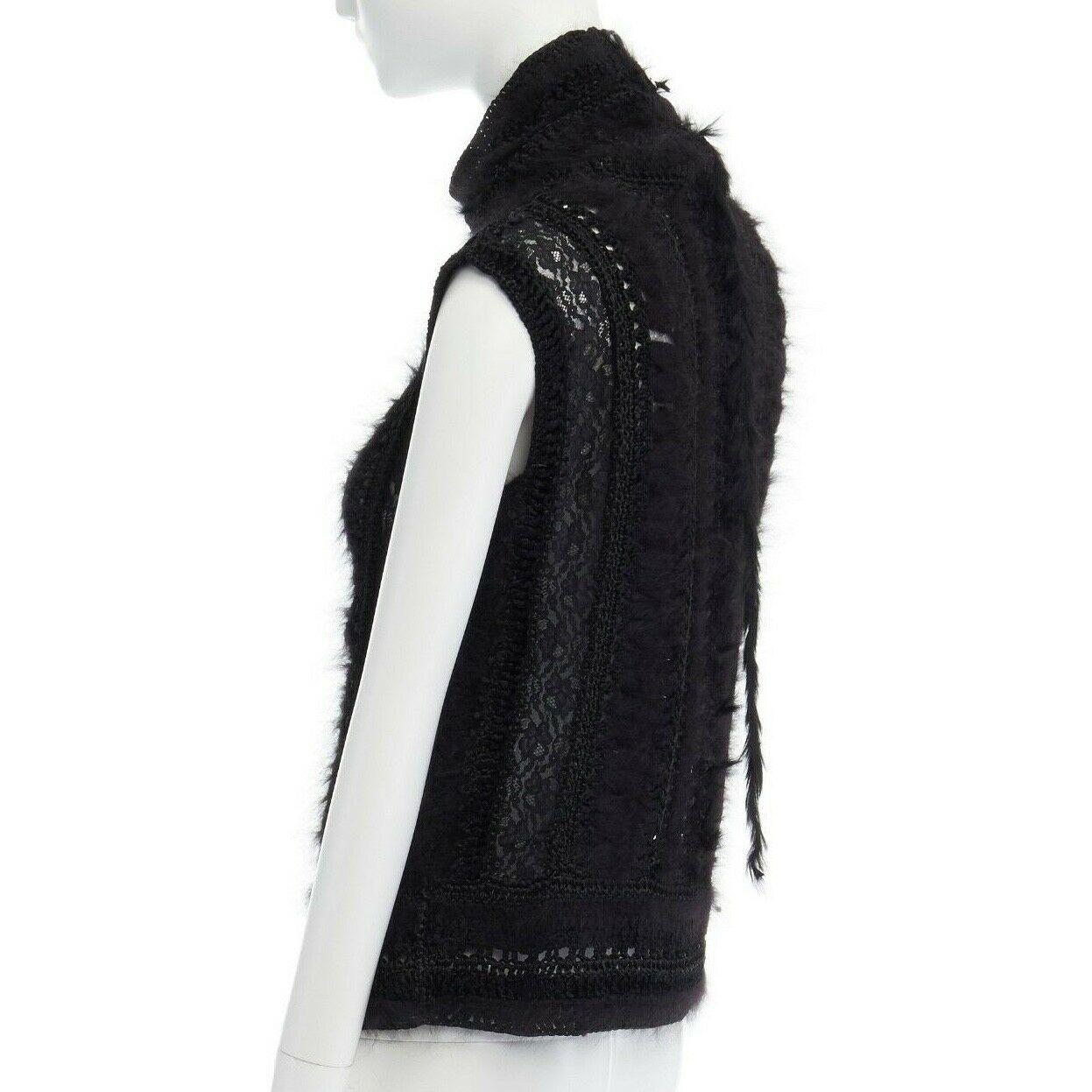 Women's CHRISTIAN DIOR GALLIANO black wool sheer lace fur trimmed crochet knit swaeter L