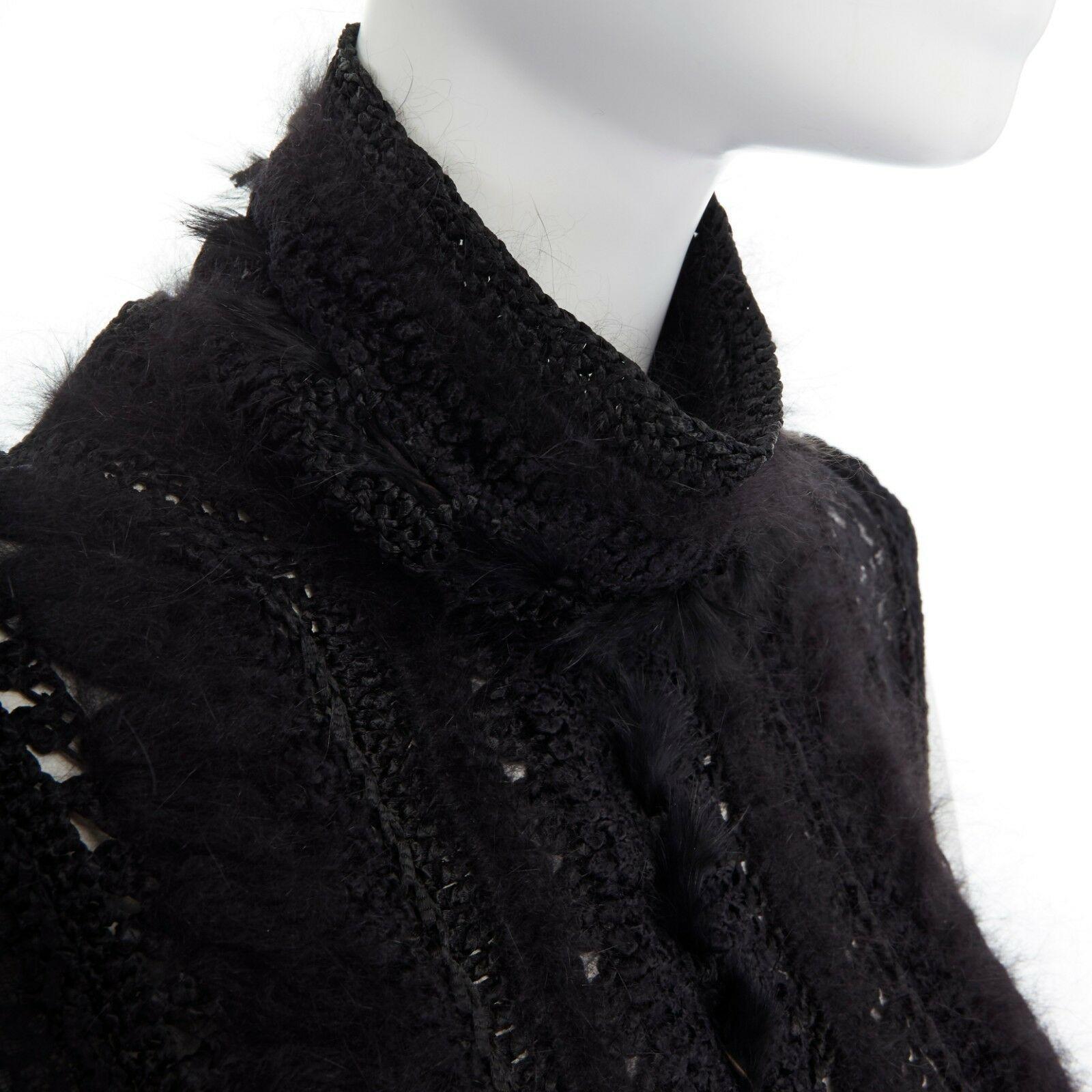 CHRISTIAN DIOR GALLIANO black wool sheer lace fur trimmed crochet knit swaeter L 1