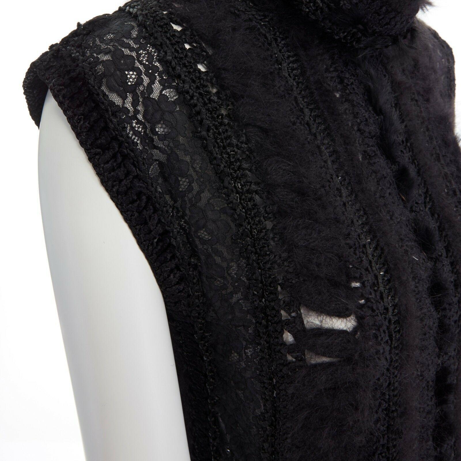 CHRISTIAN DIOR GALLIANO black wool sheer lace fur trimmed crochet knit swaeter L 2