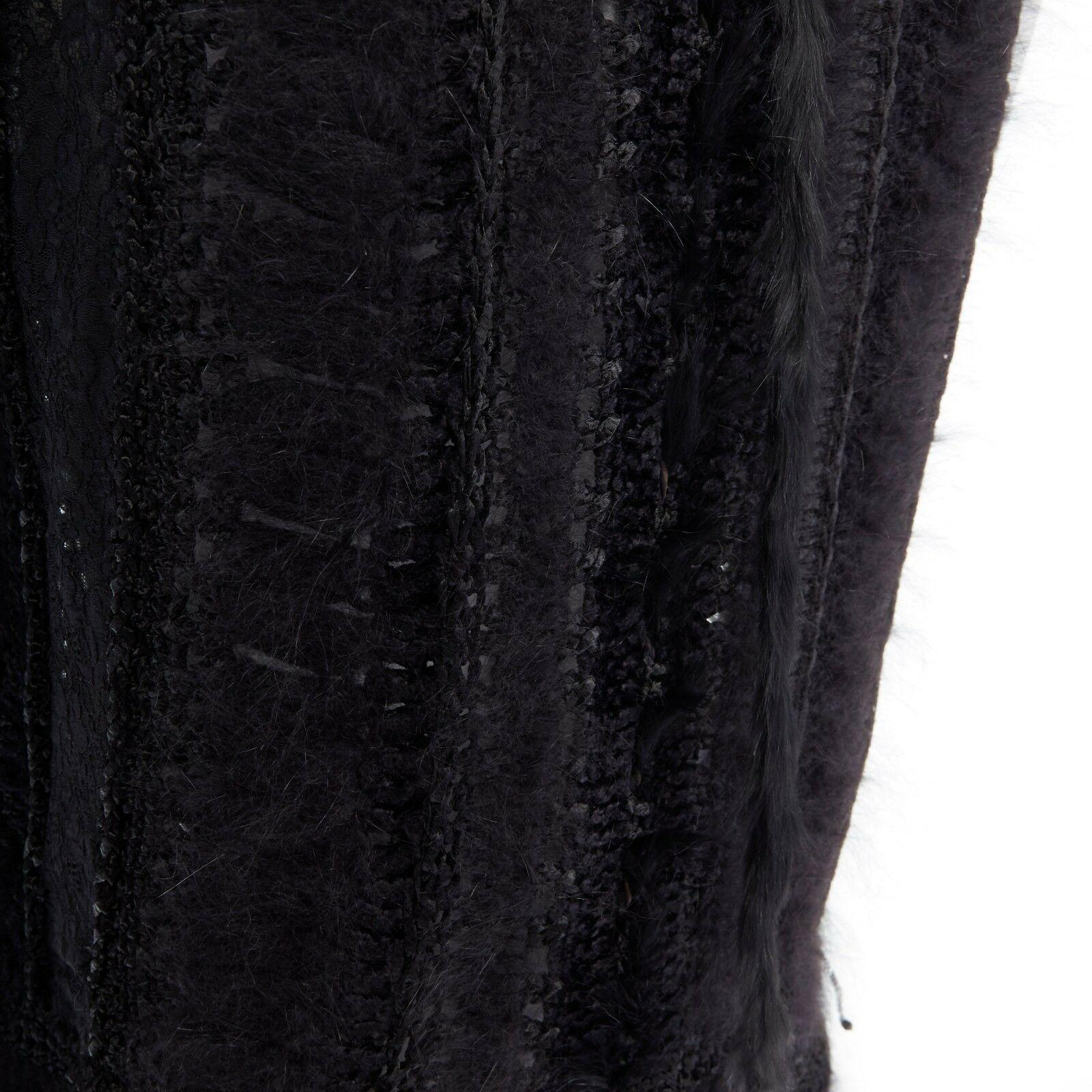 CHRISTIAN DIOR GALLIANO black wool sheer lace fur trimmed crochet knit swaeter L 3