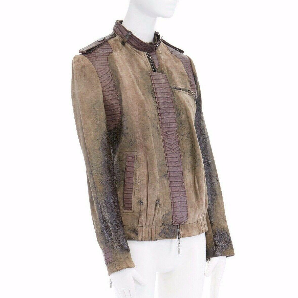 CHRISTIAN DIOR GALLIANO croc trim distressed coat leather jacket FR36 US4 UK8 S In Excellent Condition In Hong Kong, NT