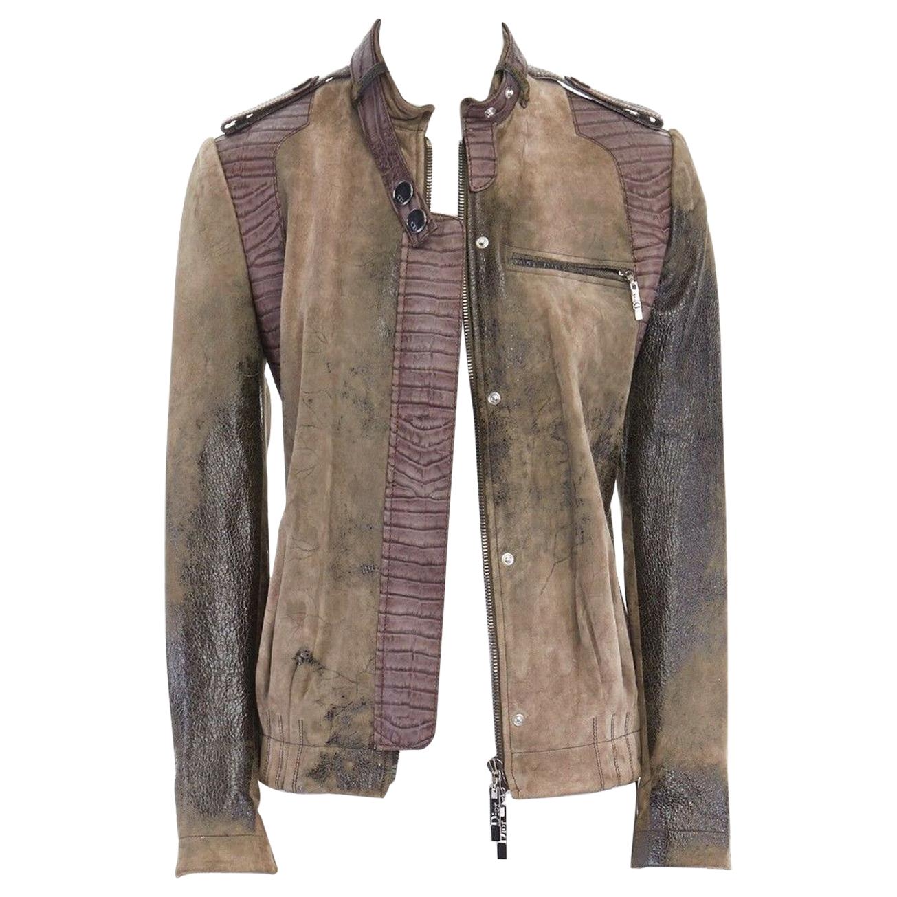 CHRISTIAN DIOR GALLIANO croc trim distressed coat leather jacket FR36 US4 UK8 S