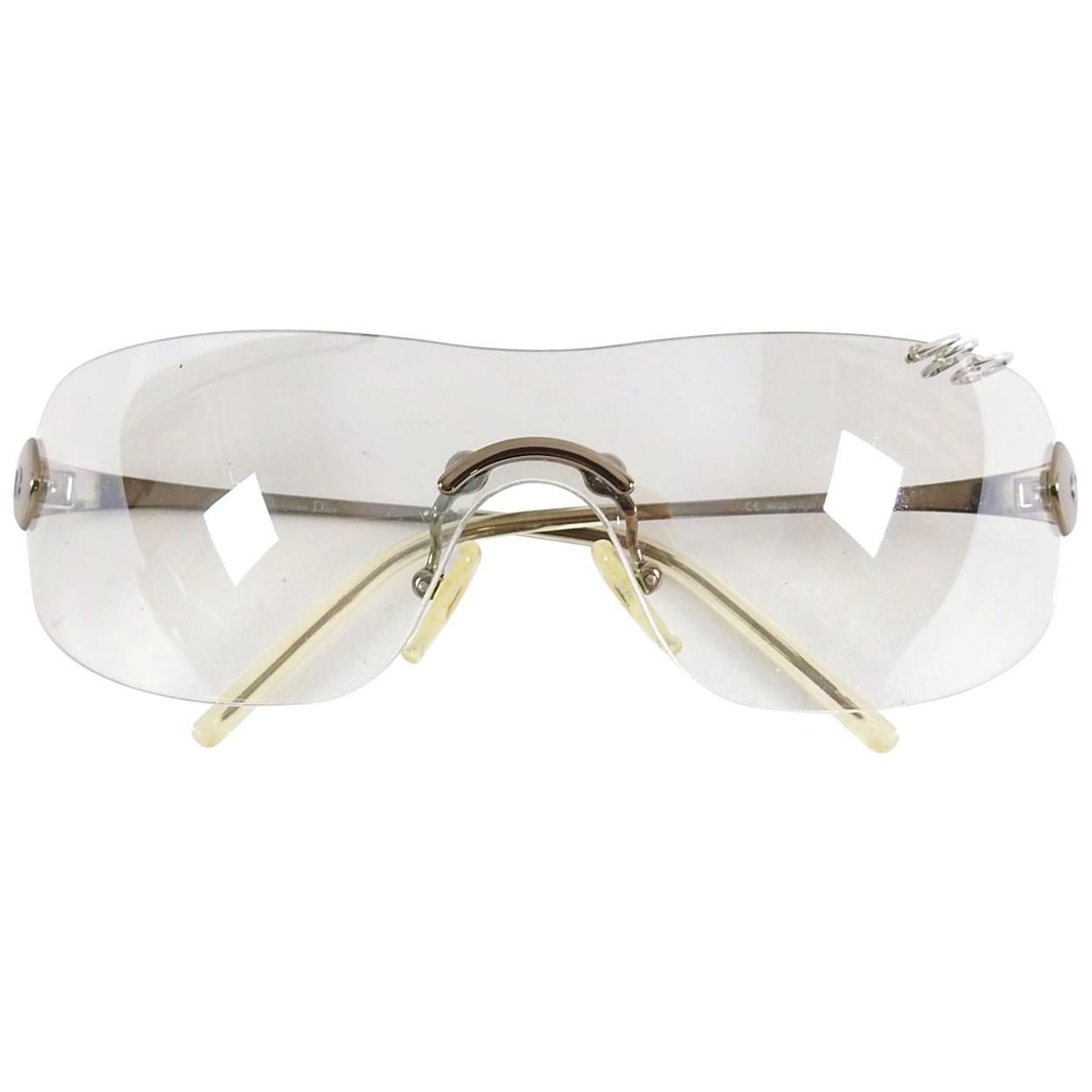 Christian Dior Galliano Early 2000’s Clear Silver Piercing Shield Sunglasses